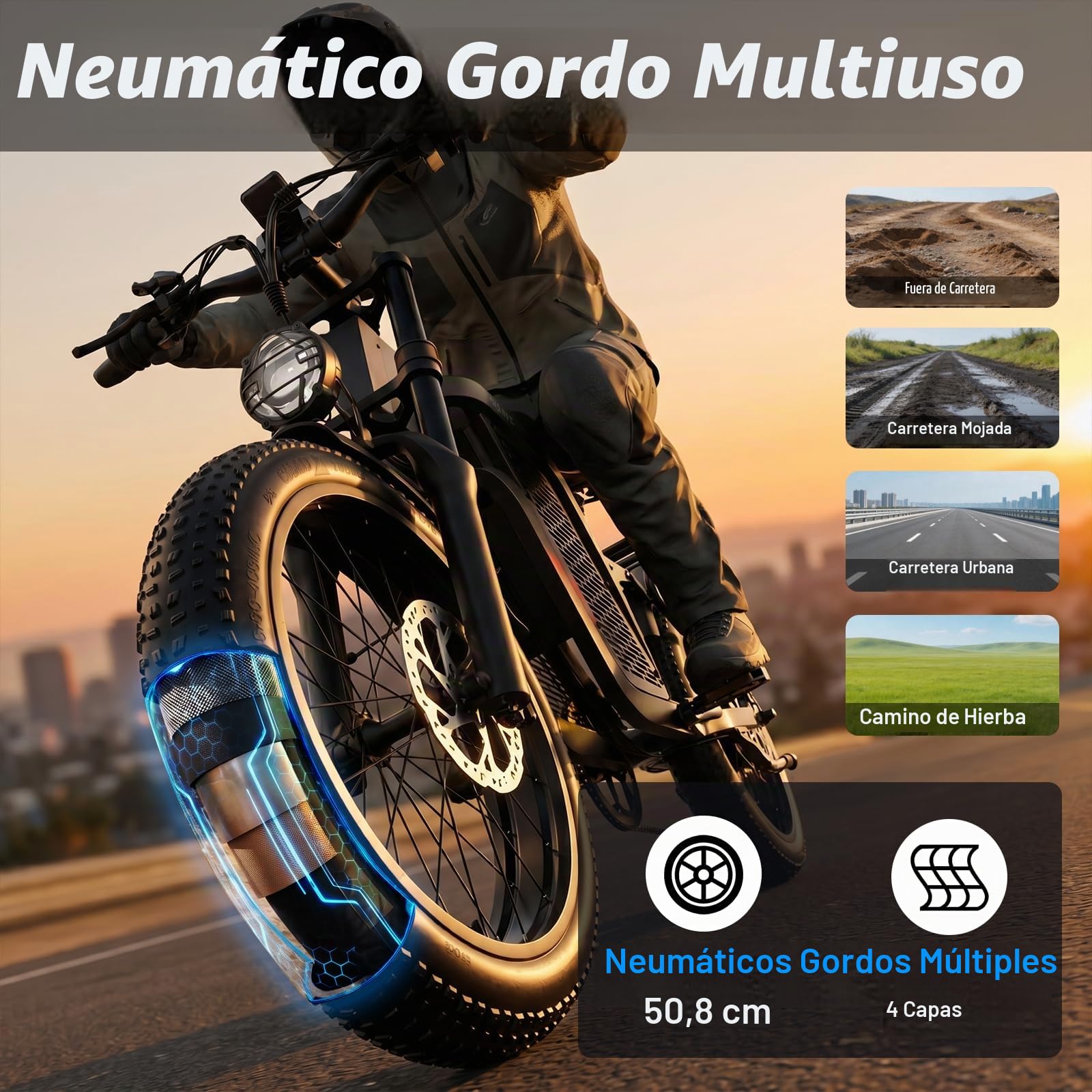 Bicicleta eléctrica para Adultos, Doble Motor, batería de Iones de Litio de 52 V24 Ah, autonomía máxima de 45 a 90 km, neumáticos Anchos de 20", suspensión Completa.