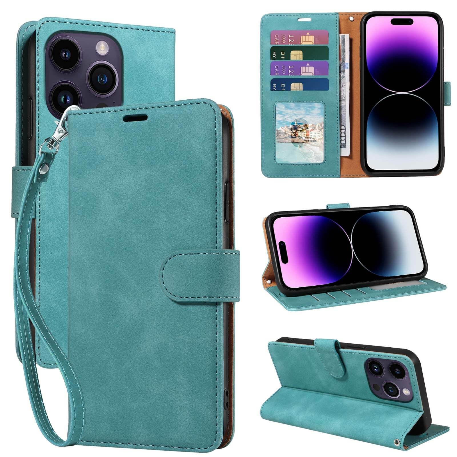 GOTOURED for iPhone 14 Pro Phone Case Wallet, RFID Blocking 4 Card Slots, Wrist Strap, Kickstand, Magnetic Closure