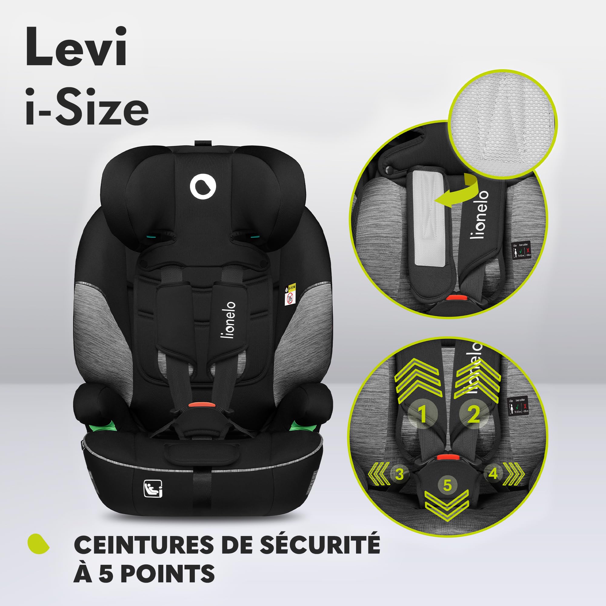 LIONELO Levi i-Size siège auto 9-36 kg groupe 1 2 3 harnais 5 points protection tête appui-tête réglable latérale
