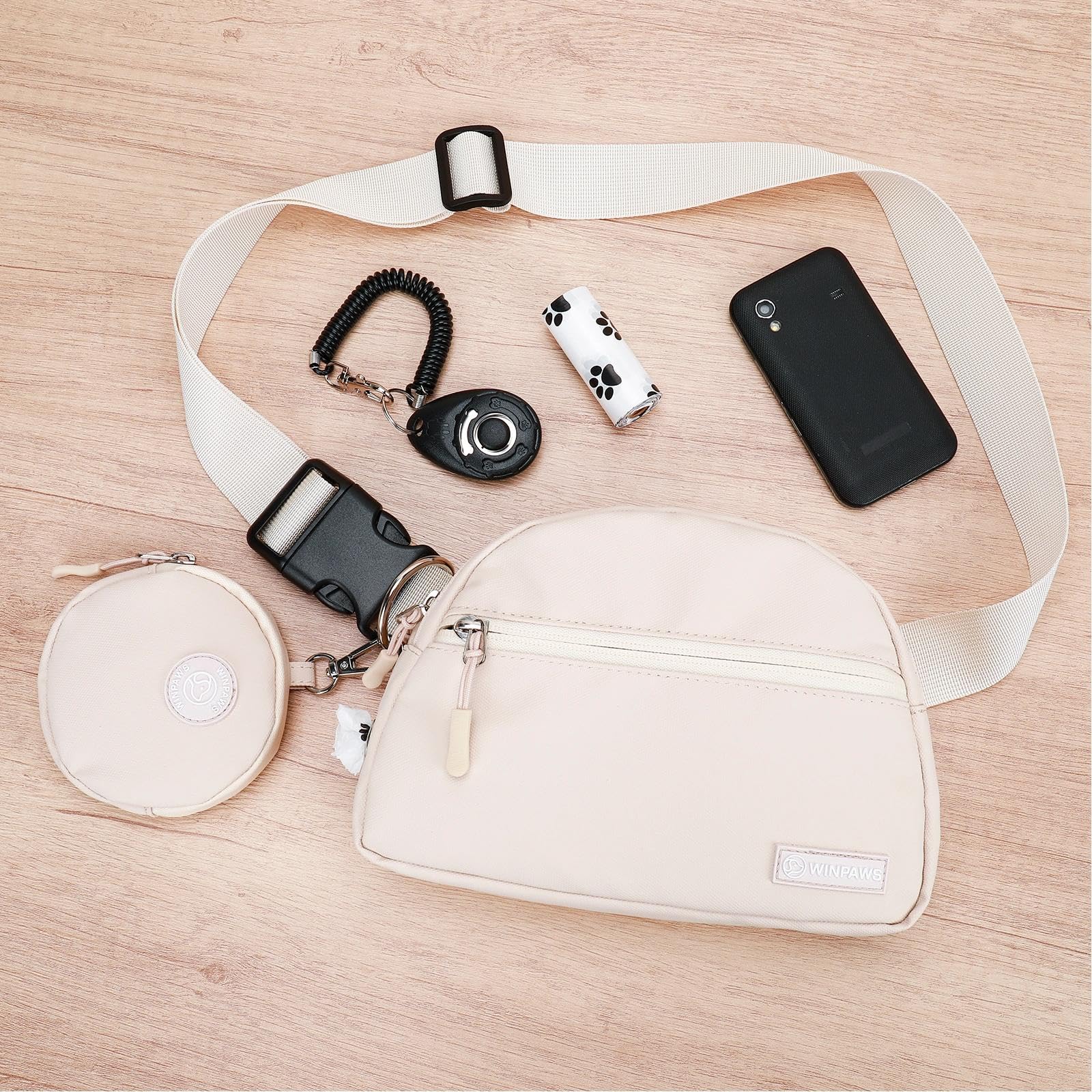 Leckerlitasche für Hunde, Wasserfester Leckerlibeutel und Training-Clicker, Gassi Tasche für Welpen Zubehör integriertem Kotbeutelspender — Futterbeutel Hundetraining & Spaziergänge (Beige)