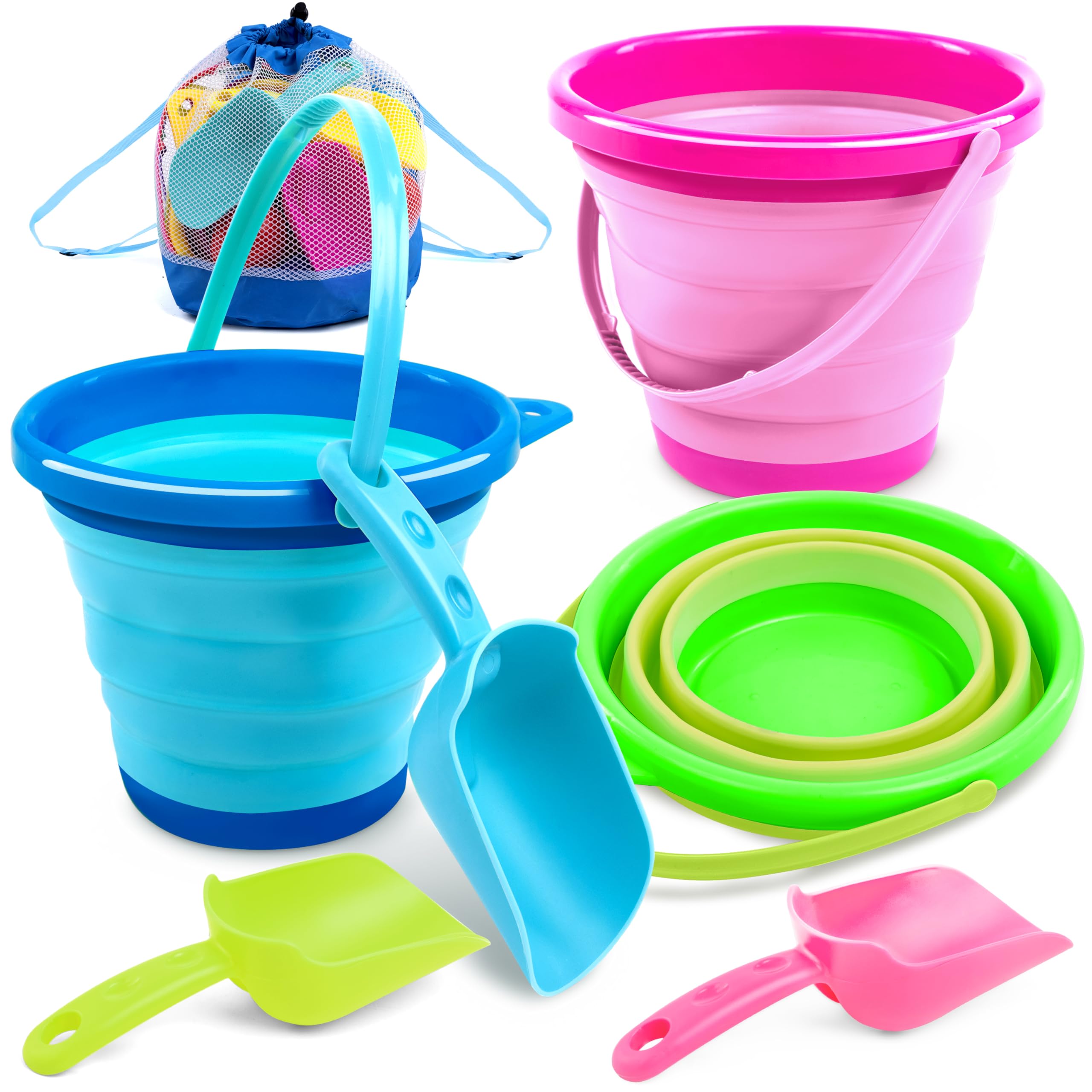 JOYIN 3 Packs Foldable Pail Bucket with Shovels & Mesh Bag, Collapsible Buckets Multi Purpose for Beach Camping Gear