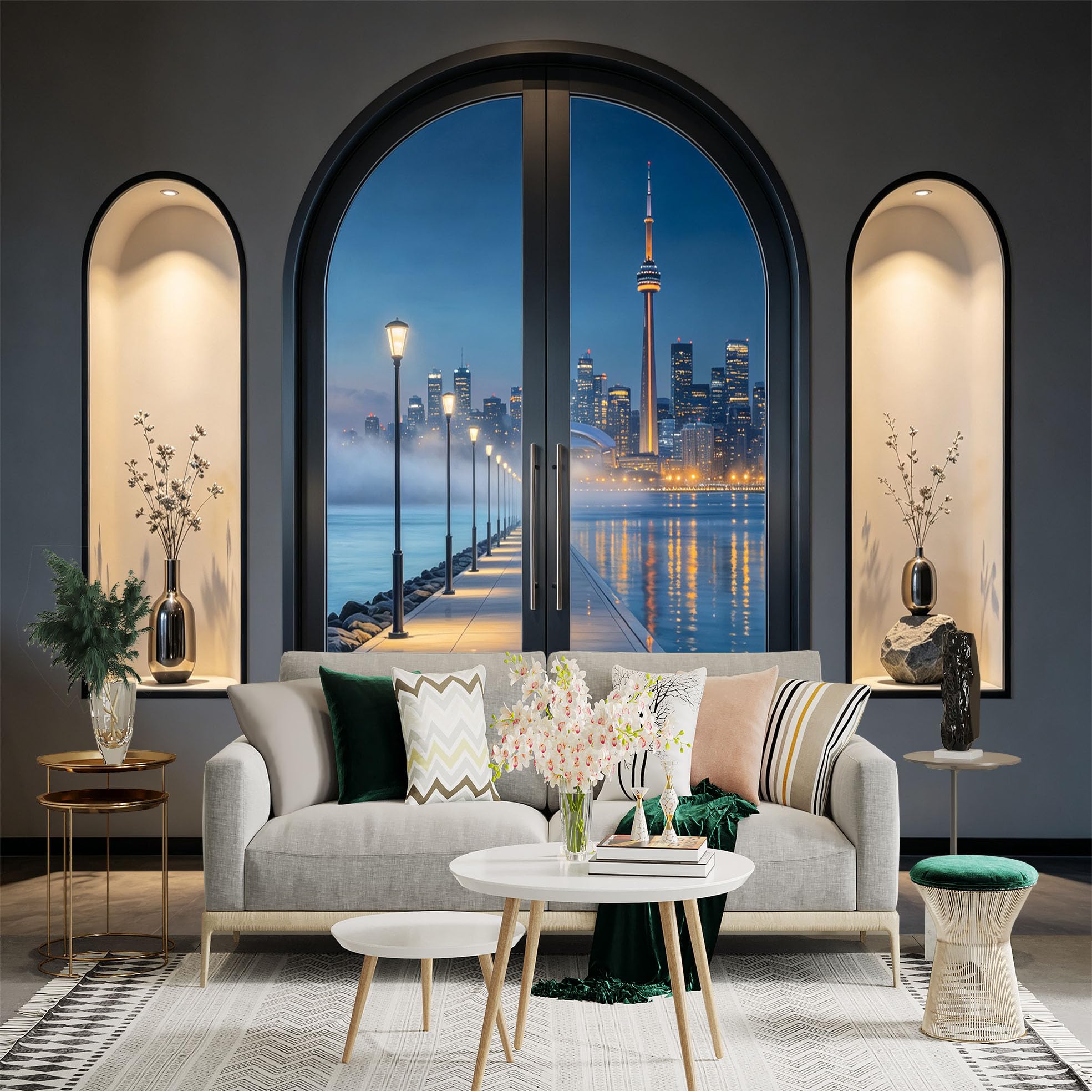 Custom Size Wall Sticker Mural， Modern Waterfront Skyline， Night City Lights and Pier View， for wall Decoration， peelandstick wall Decals.