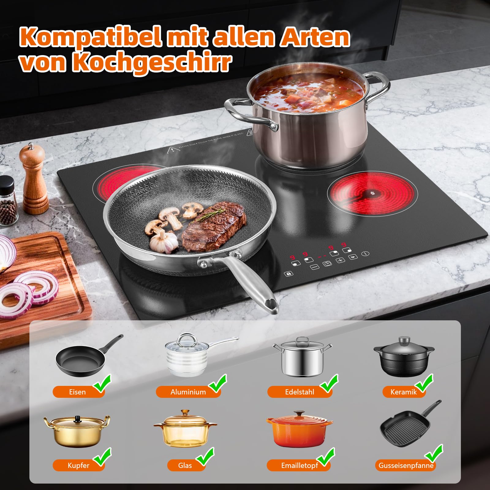Glaskeramikkochfeld mit 4 Kochzonen, 60cm Einbau, Herdplatte 4 Kochfelder,Touch-Steuerung, 6000W, 9 Leistungsstufen, 1-99 Min. Timer, für alle Topfarten