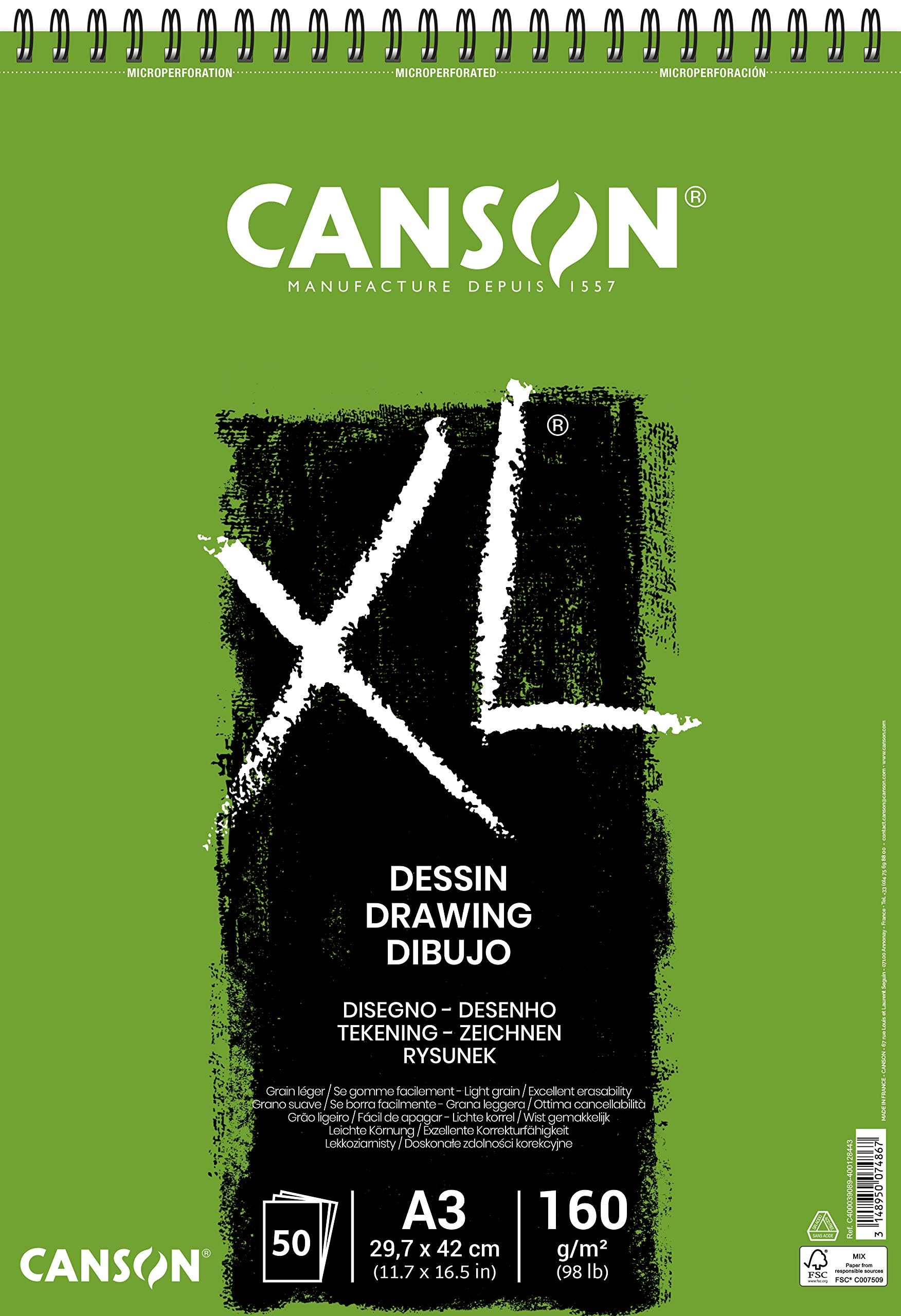 Canson XL, Papel de dibujo, Grando ligero, 160gsm, Espiralados sobre el lado corto, A3-29,7x42cm, Blanco, 50 Hojas
