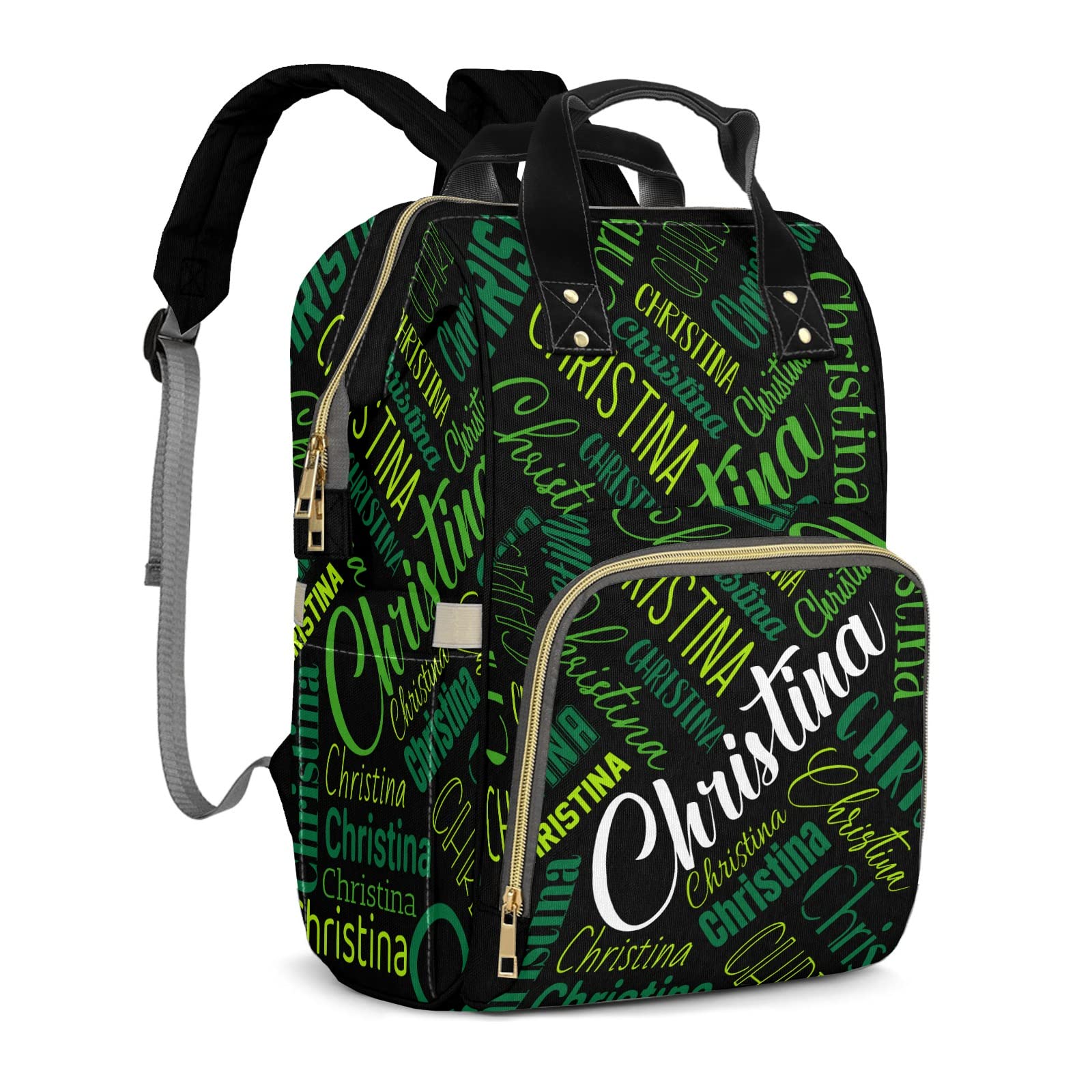 OAHEDIAM Personalized Nappy Diaper Bag with Green-Black - Custom Name Casual Mommy Nursing Daypack, Multifunctional Nylon Backpack for Baby Boy Girl