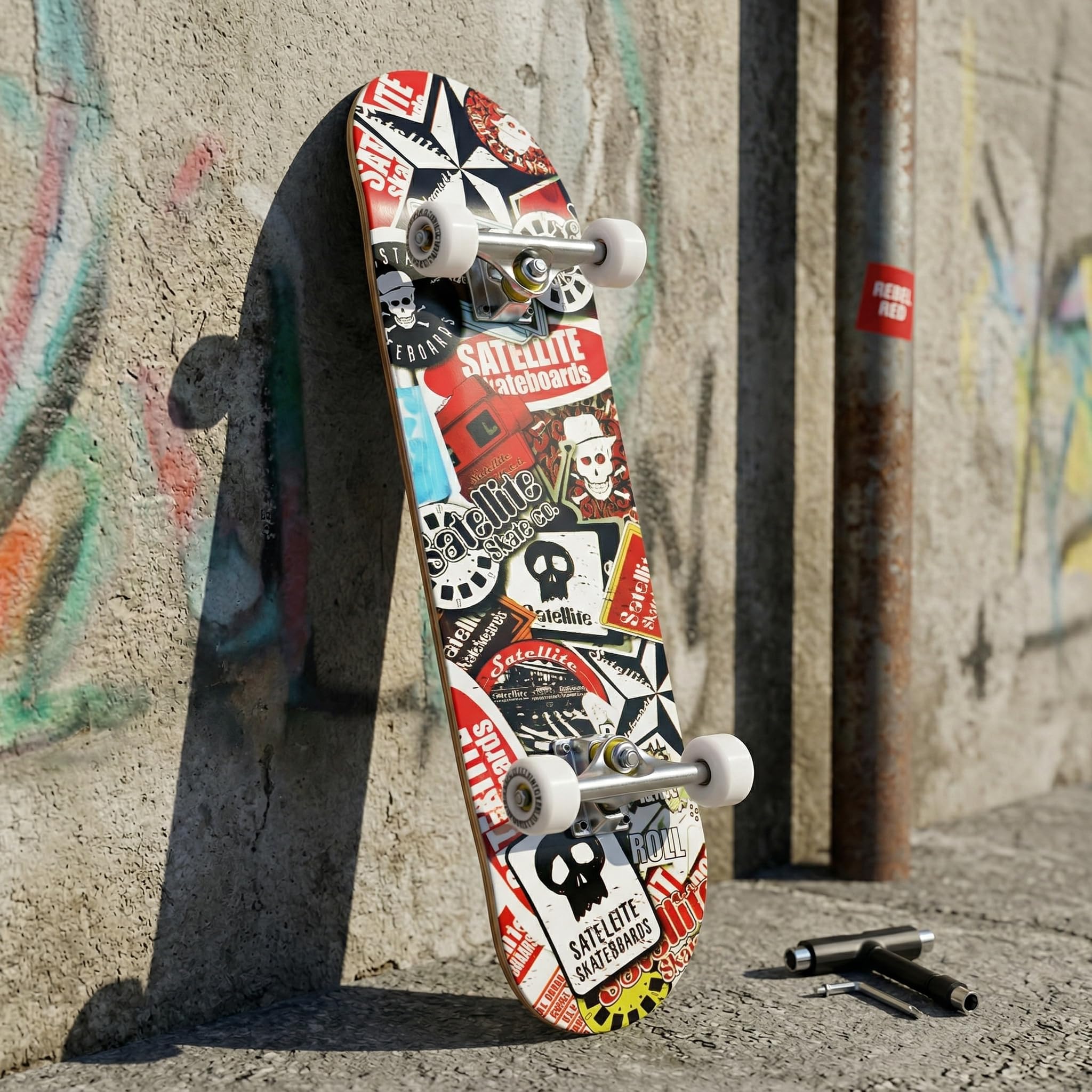Skateboard Professionnel Double Kick,81 cm en érable, roulements ABEC-7, Roues en PU 95A, Design Graphique personnalisé (81cm, Satellite)