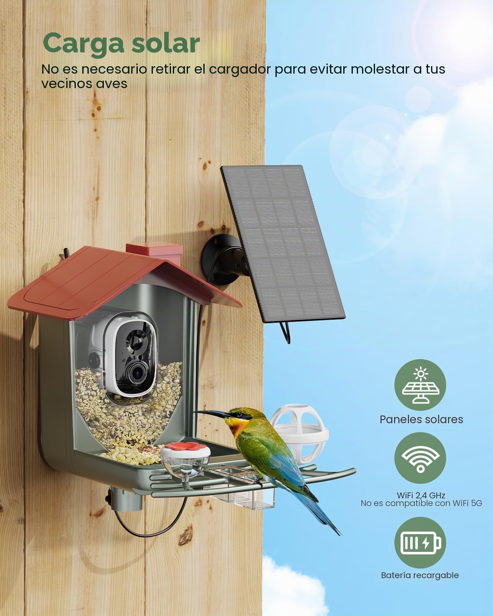 Comedero para pájaros con cámara solar al aire libre: cámara inteligente para jardín exterior, cámara de video en vivo HD 2K, reconocimiento de IA, ventana visible, captura automática, regalos para