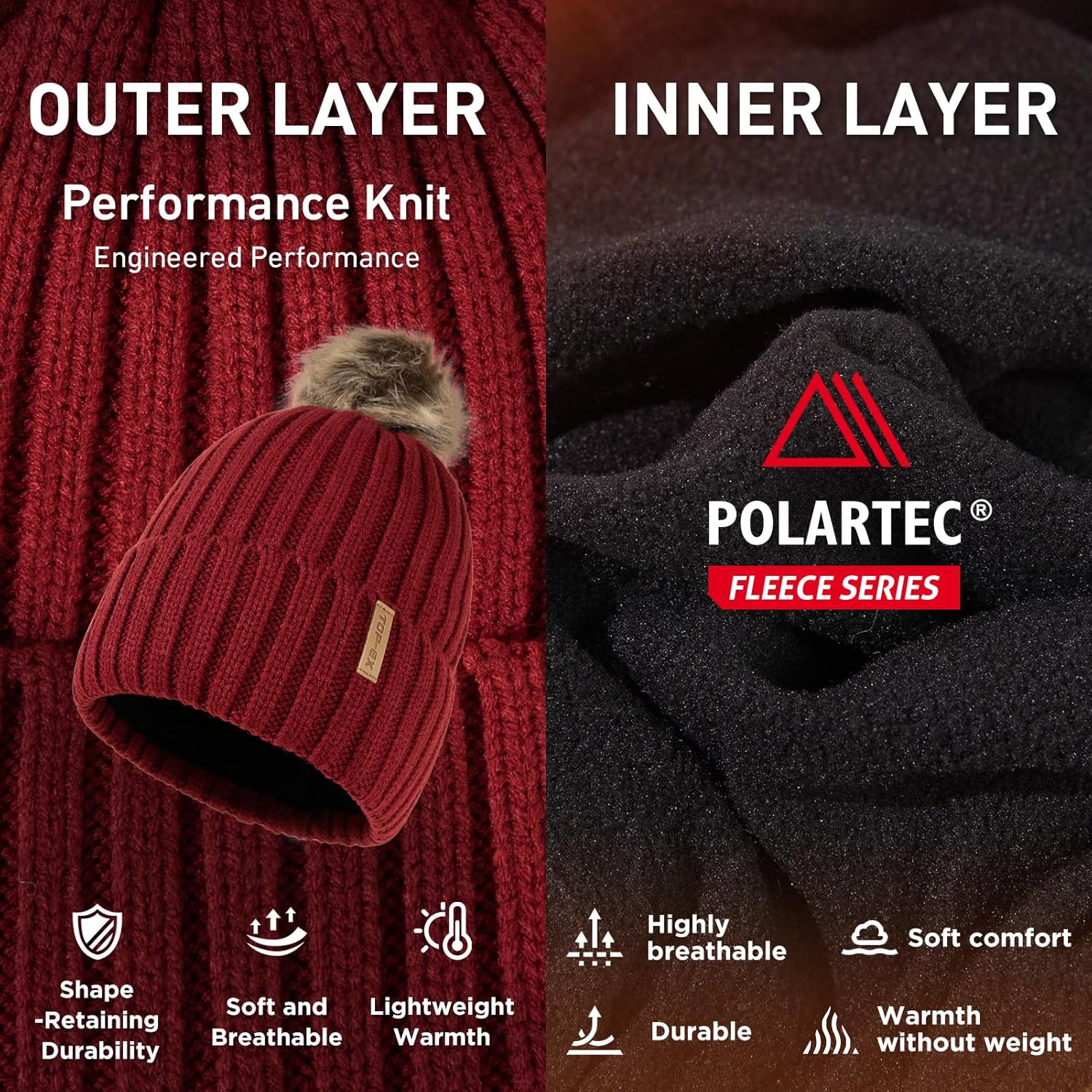 TOP-EX DryKnit™ Waterproof Knit Beanie with Removable Pom Fleece Lined Warm Winter Hat for Women Breathable Rain Snow Proof - Image 4