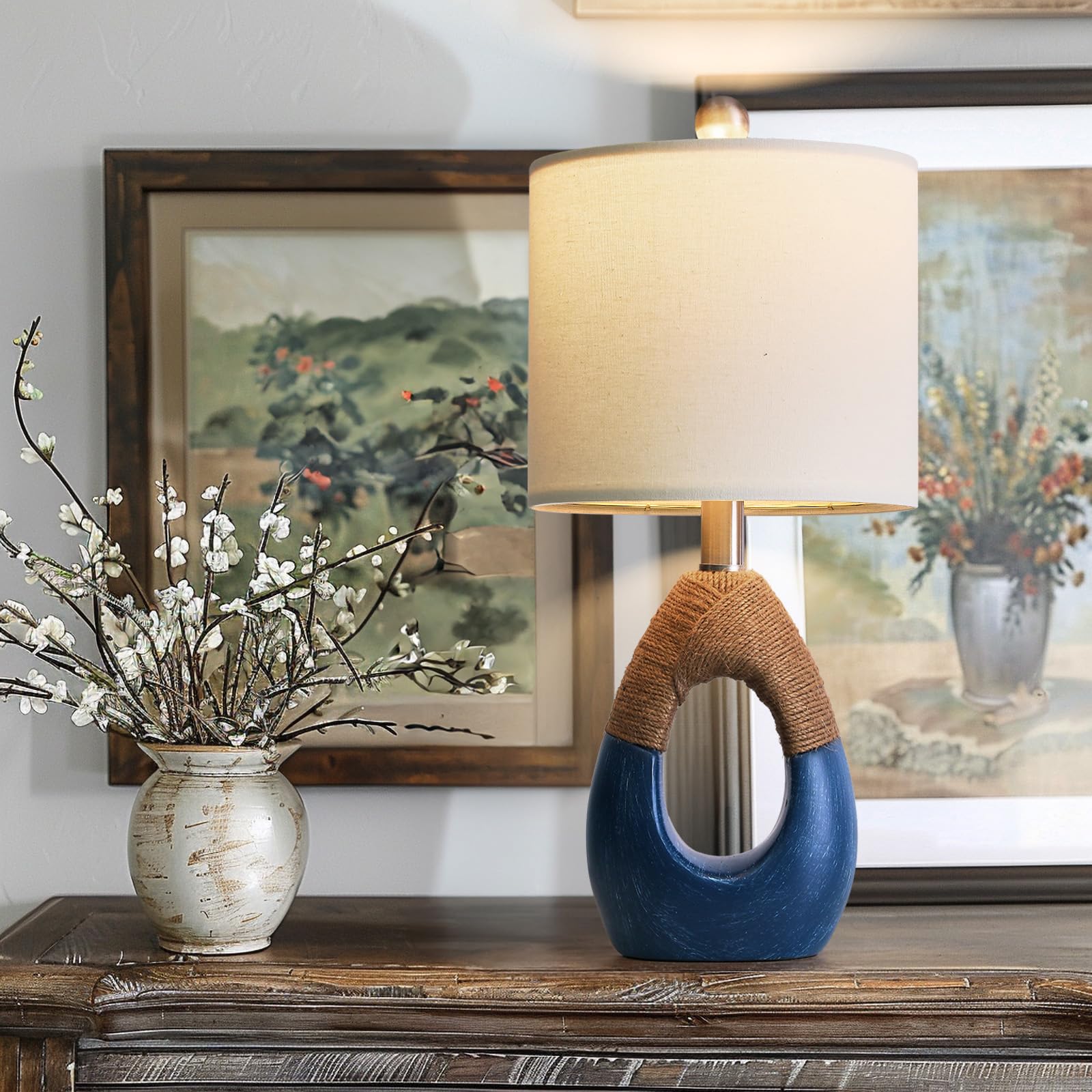 OYEARS Coastal Table Lamps Set Of 2 - 23.75 Inch Nautical Bedside Lamps Navy Blue