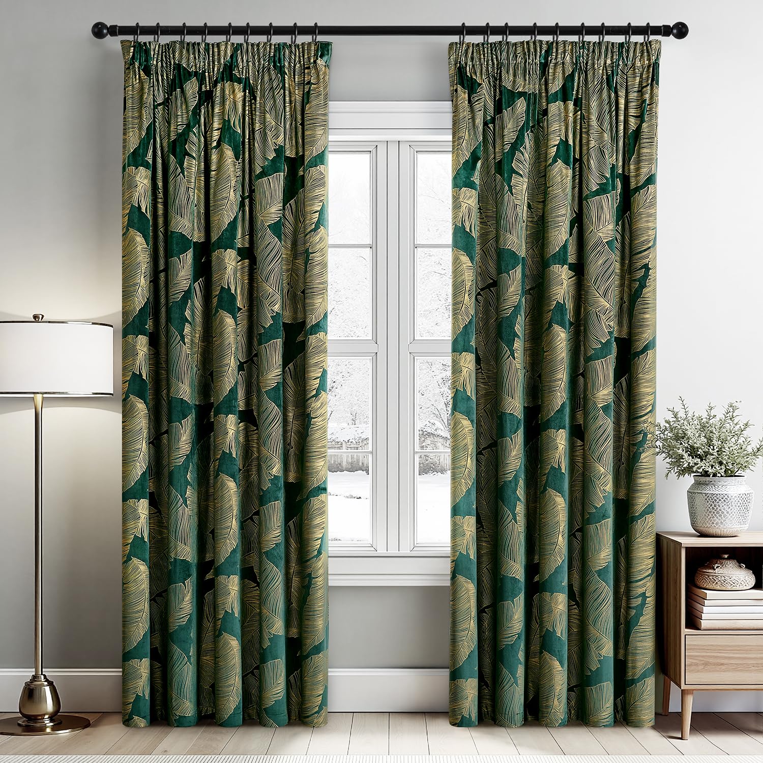 MIULEE Samtvorhäng Kräuselband mit Blattgolddruck Verdunklungsvorhänge Samt Gardinen Blickdicht Abdunklungsvorhang Thermovorhang Wohnzimmer Schlafzimmer 2er Set, 140 x 260 cm, Dunkelgrün