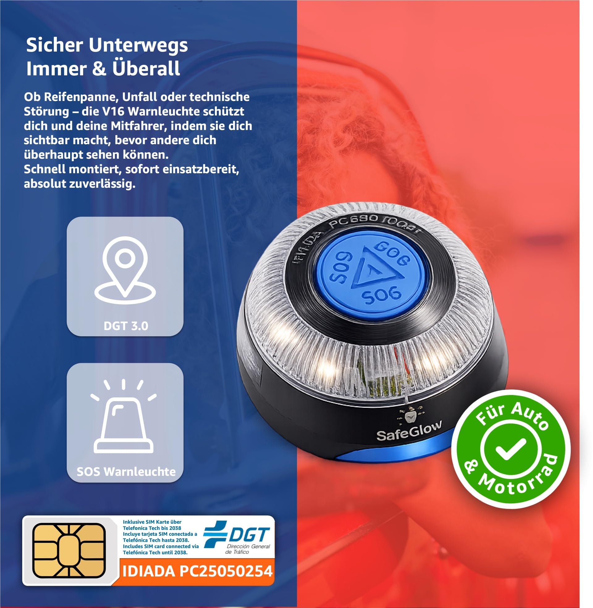 Help Flash Smart PK2750 2 x autonoom noodlicht, V16 waarschuwingssignaal zaklamp, goedgekeurd, DGT, magnetische voet, automatische activering, gemaakt in Spanje, gele auto