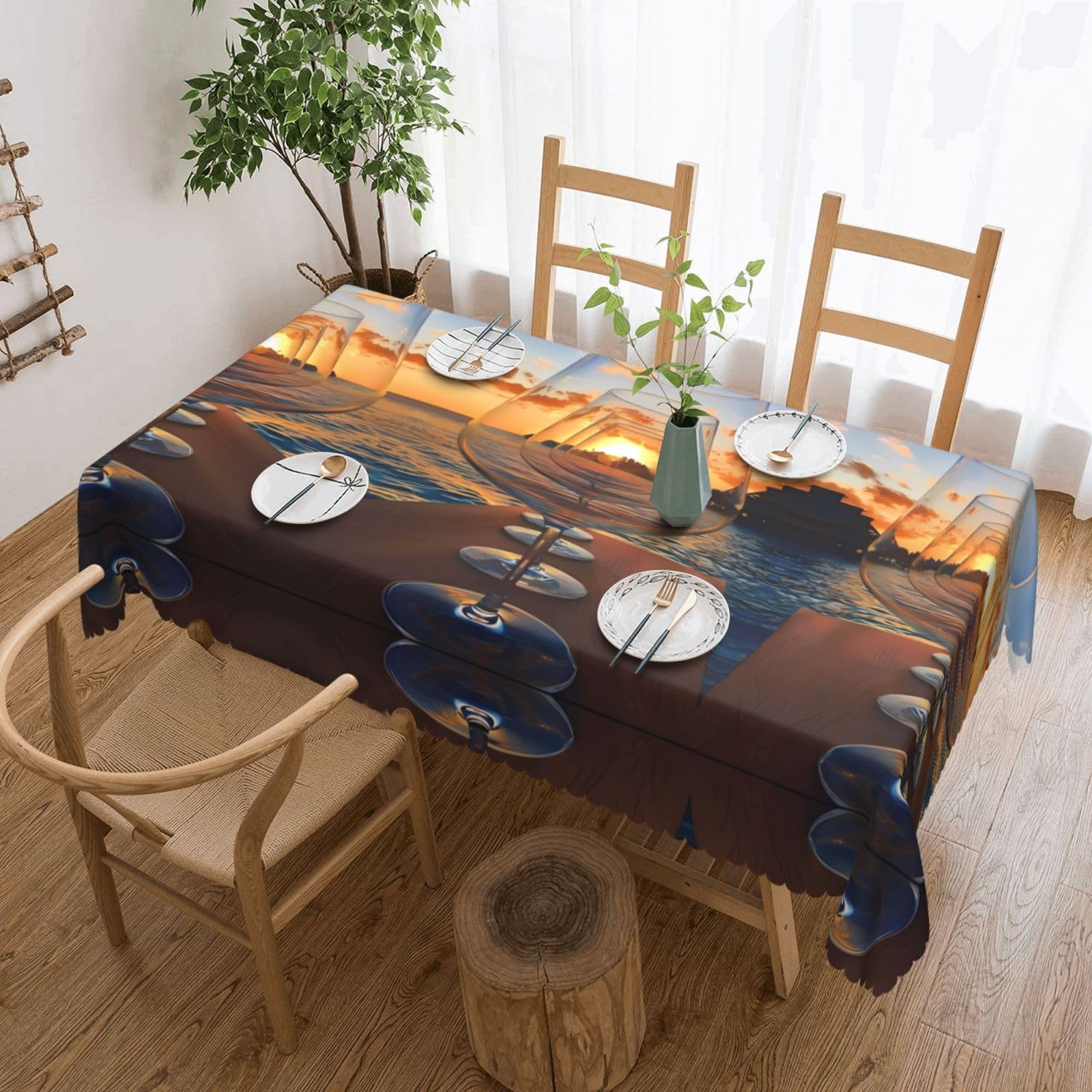 HLSBSSL wine glass in the sunset Patterned square lace tablecloth, wrinkle-resistant and durable, suitable for dining tables, parties, etc.