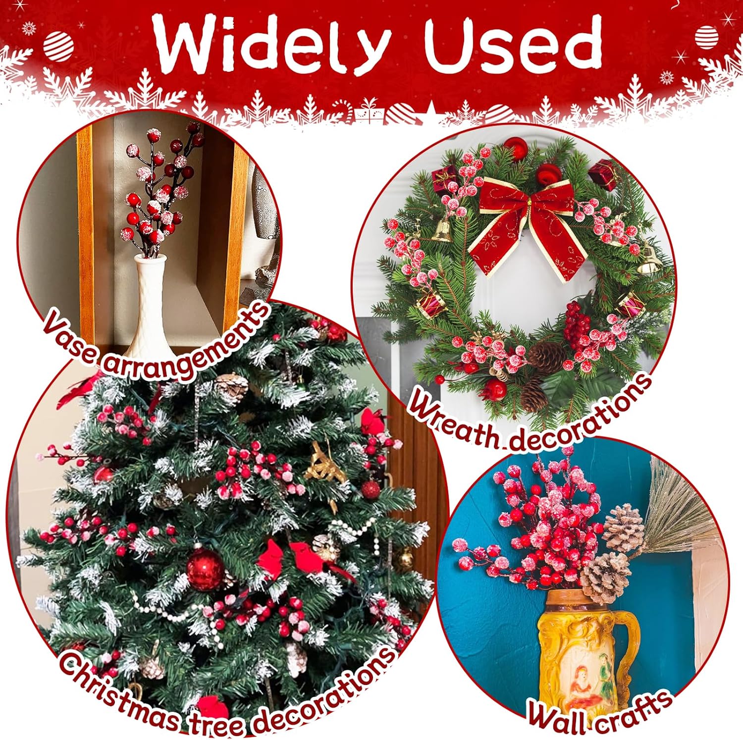 OJYUDD スノーフロスト人工レッドベリーステム30個パック、8.9インチ ヒイラギフロストベリーブランチピック、雪に覆われたフェ