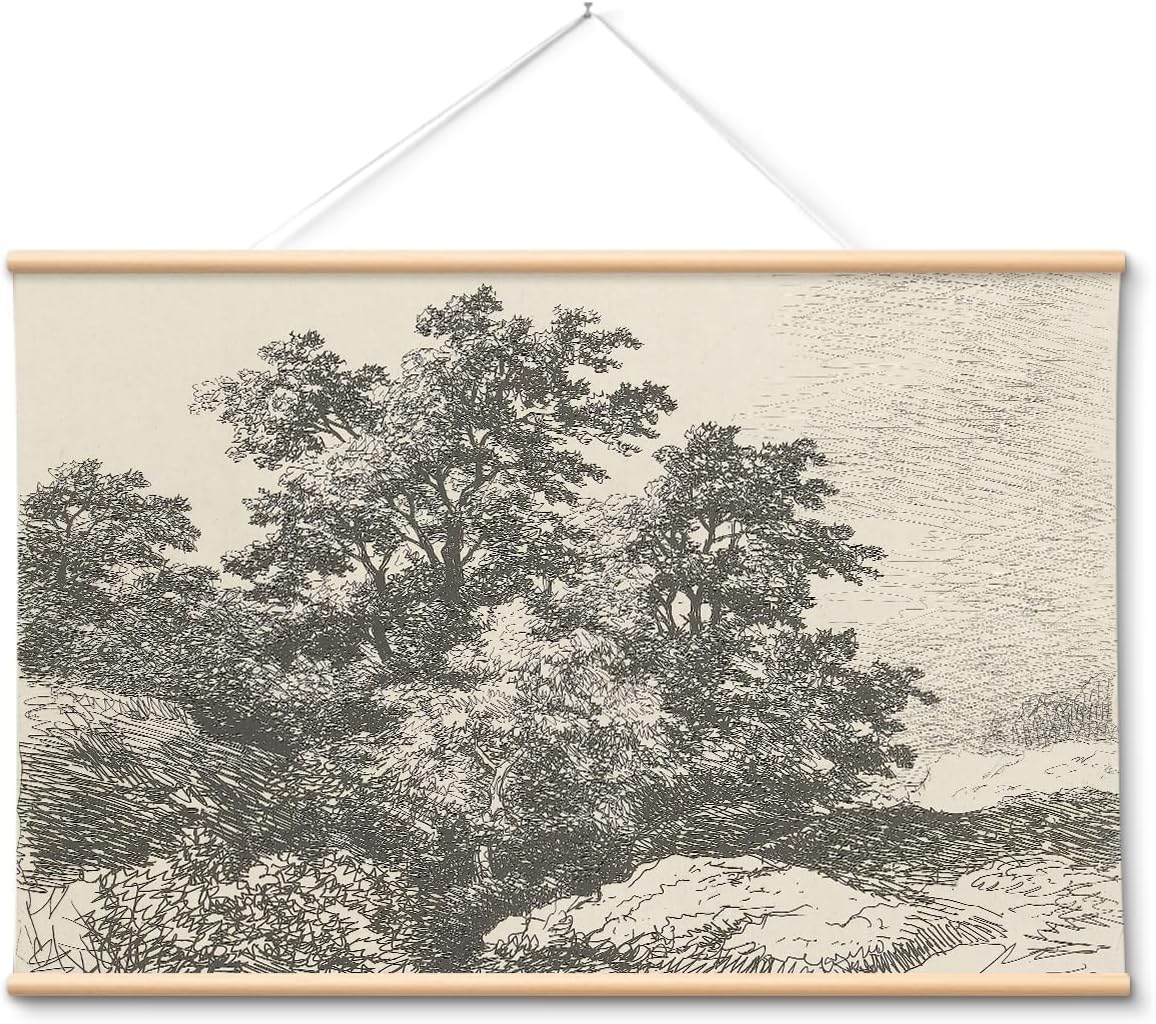 VIYYIEA Extra Large Canvas Wall Art, 36x54 Inch Vintage Woodland Landscape Hanging Scroll, Rustic Black and White Nature Wall Decor for Living Room Bedroom Above Sofa