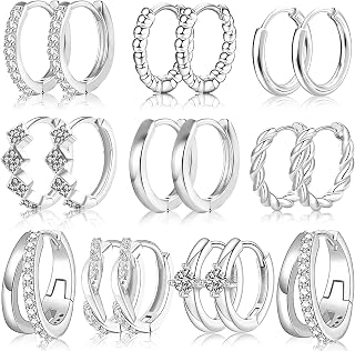 Nunpag 9 Pairs 14K Gold Plated Chunky Huggie Hoop Earrings Set for Women Hypoallergenic Stainless Steel Lightweight Small Earring Stacks for Multiple Piercings Non Tarnish Jewelry Gift Twisted 8-12mm