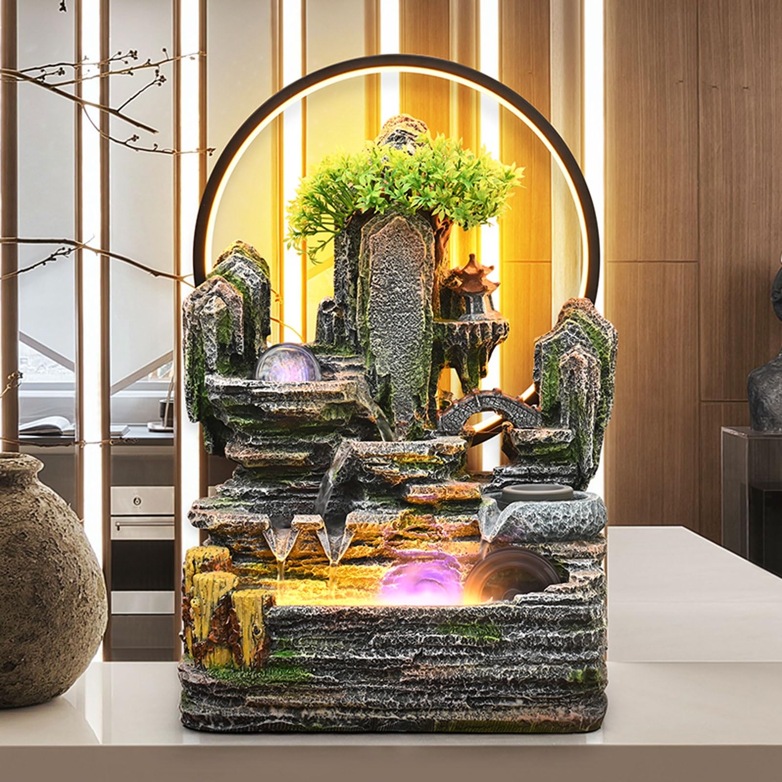 Fuente de agua interior con luz LED, decoración zen Fengshui para meditación y relajación