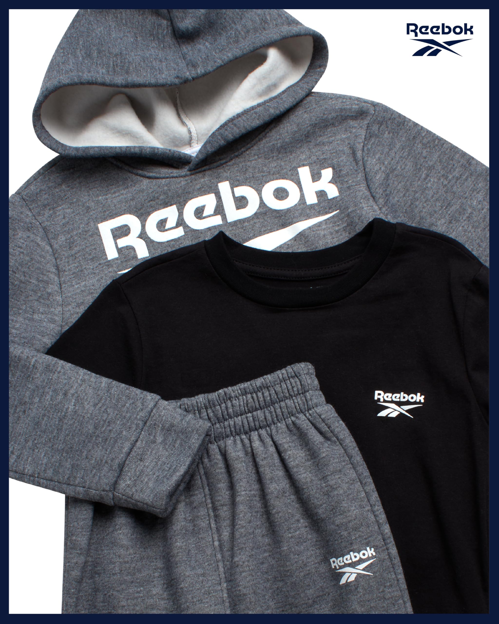 Reebok Baby Jungen Hosen-Set – 3-teiliges T-Shirt, Pullover, Hoodie & Jogger, Jogging-Set – Fleece-Spielhosen-Sets für Kleinkindergrößen