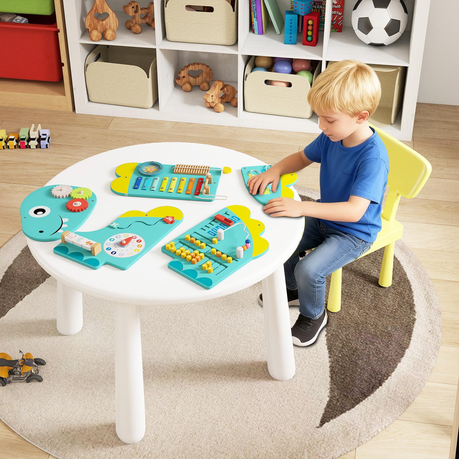 COSTWAY Busy Board Montessori en Forme Dinosaure avec 11 Jeux Sensoriel, Planche Tableau Activité Murale avec Xylophone & Horloge, Parcours Motricité Bébé pour Salle de Jeux, Crèche (Dinosaure Vert)