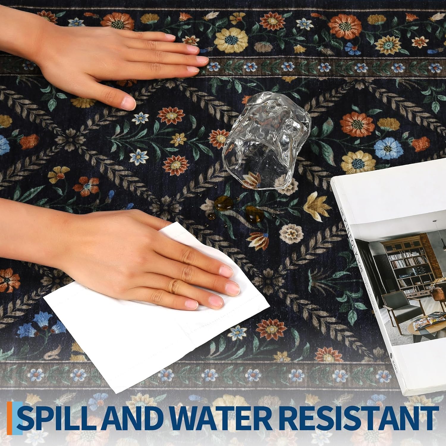 GarveeHome Living Room Rug 5x7 Rug Machine Washable Stain Resistant Area Rug Non Slip Floral Vintage Low Pile Rugs for Living Room, Bedroom, Farmhouse, Dining Room, Kids PlayroomNavy&Black