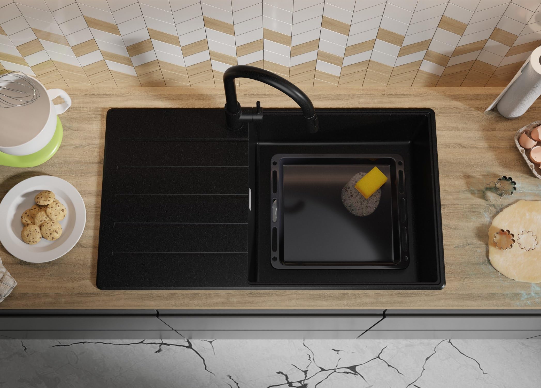 PRIMAGRAN Lavandino da Cucina Tutto Nero 90x50cm, Lavello in Granito a 1 vasca + Rubinetto 40x20cm + Set di accessori, Lavabo da Cucina Incasso al Mobile 60cm - Copenhagen Top S734