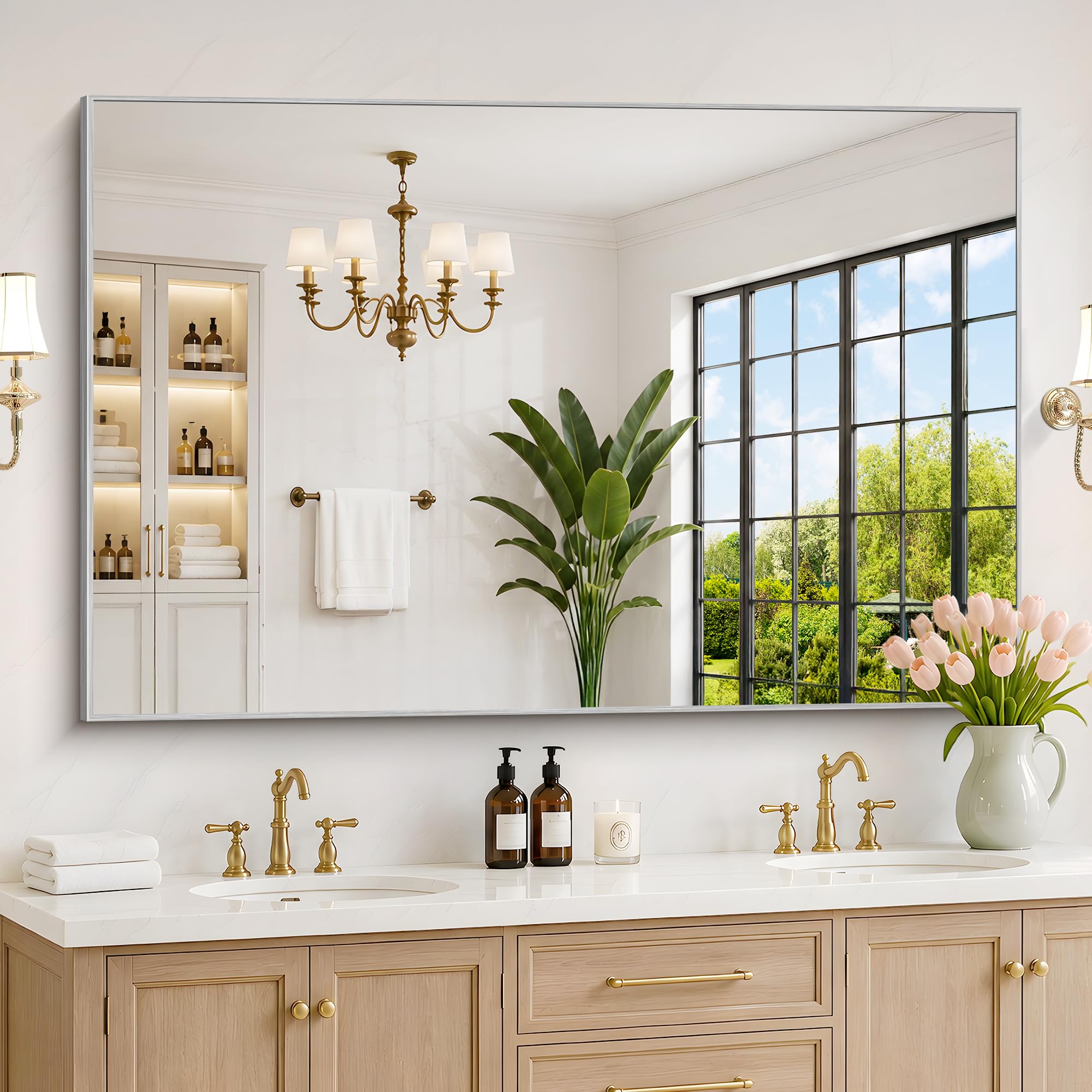 DESBING 60" x 40" Bathroom Mirror, Silver Metal Frame Wall Mirror