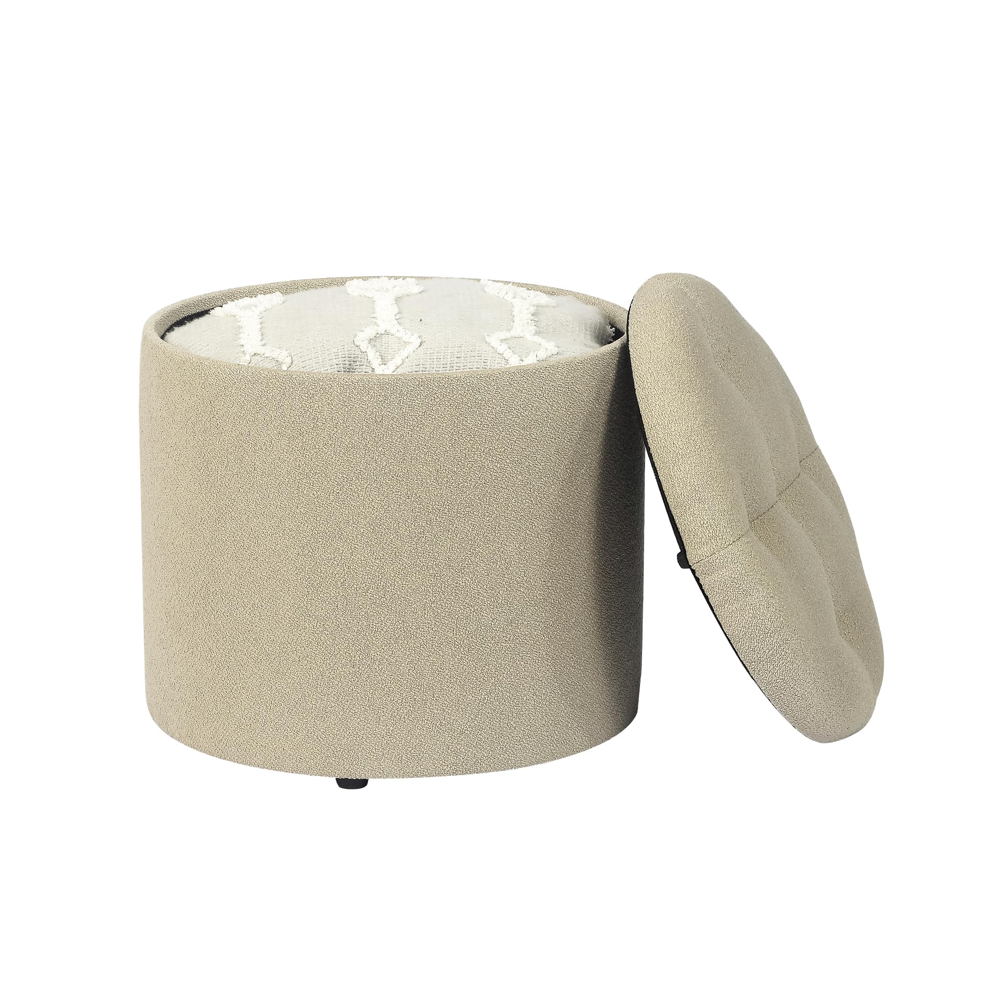 Joveco Round Storage Ottoman, Fabric Small Foot Rest Stool with Removable Lid, Round Ottoman for Dorm, Living Room, Couch, Bedroom, Light Beige