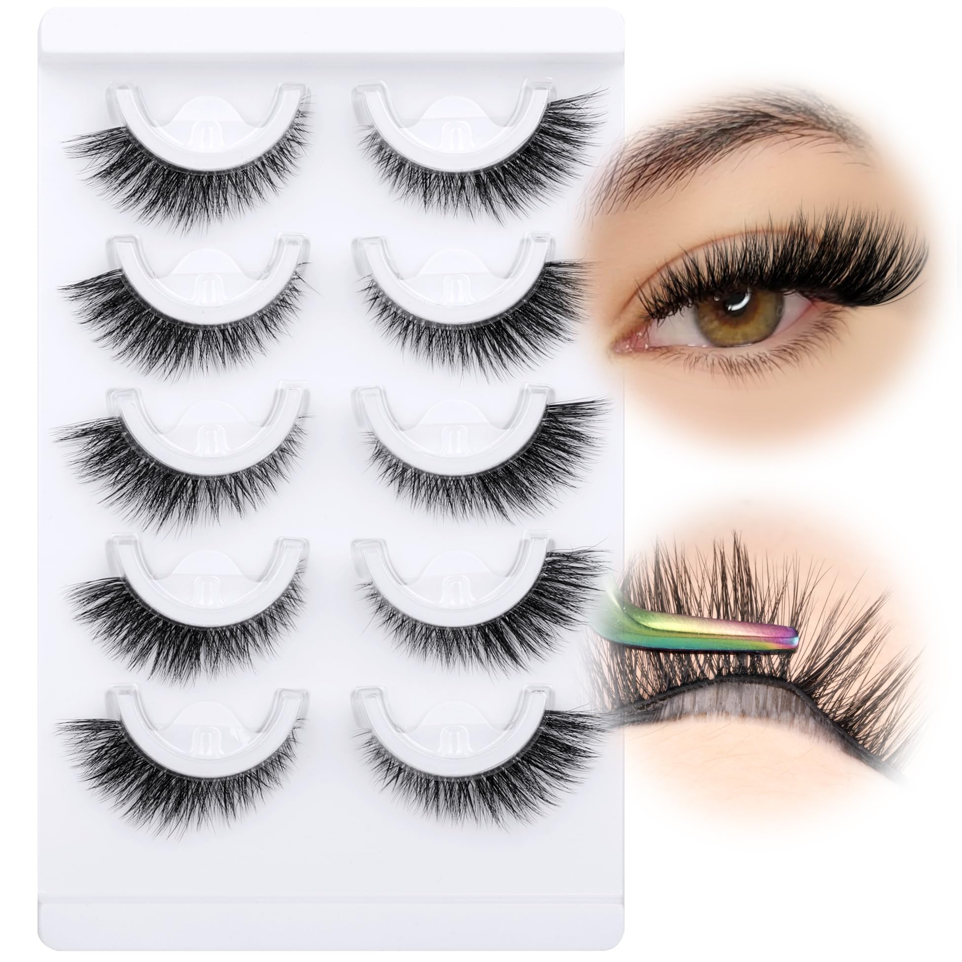 Natural Self Adhesive Eyelashes Cat Eye Fluffy Self Adhesive Lashes Short Wispy False Eyelashes Fox Eye No Glue Needed Reusable Faux Mink Lashes that Look Like Extensions 5 Pairs by Zegaine