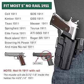 WARRIORLAND OWB Kydex Holster for No Railed 1911 5 Barrel - Compatible with Colt, Kimber, Tisas, Springfield, S&W, Ruger, Rock Island, Taurus, SDS and More - Optic Ready & Open Muzzle, 1.7 Paddle