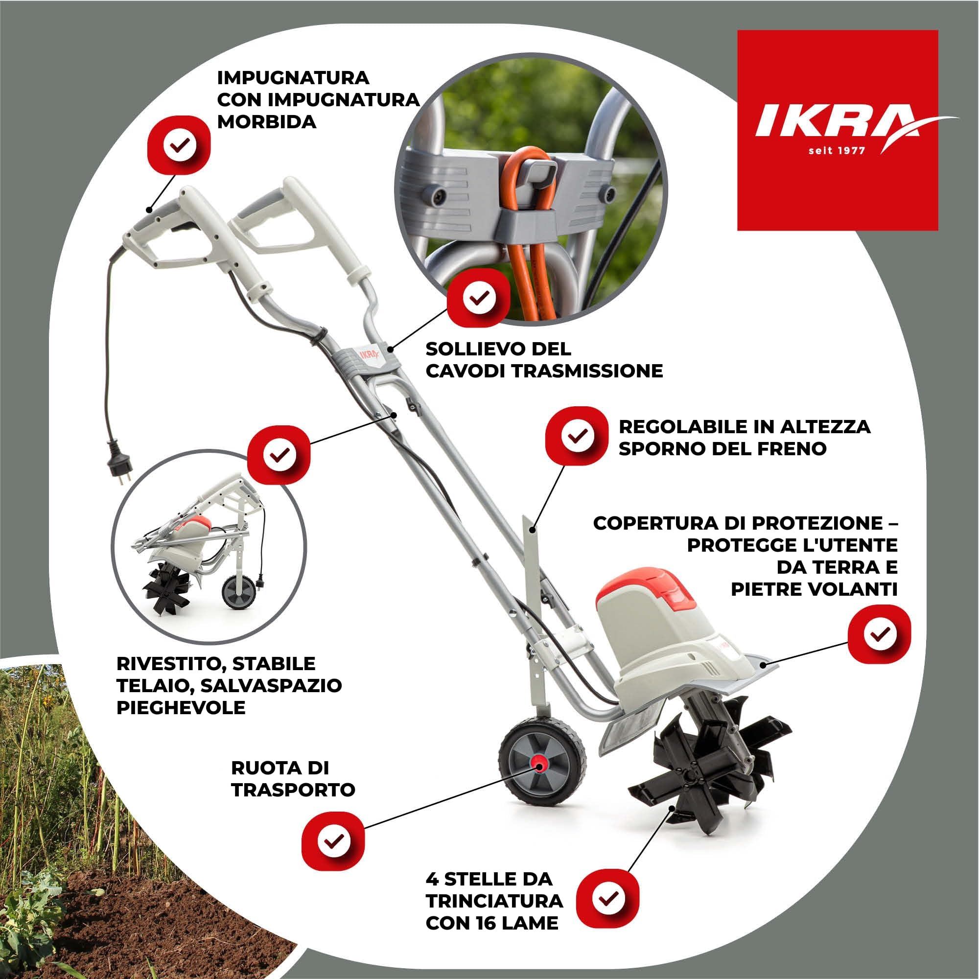 IKRA motozappa elettrica IEM 800S, larghezza di lavoro 30cm, profondità di lavoro 20cm, 800 W