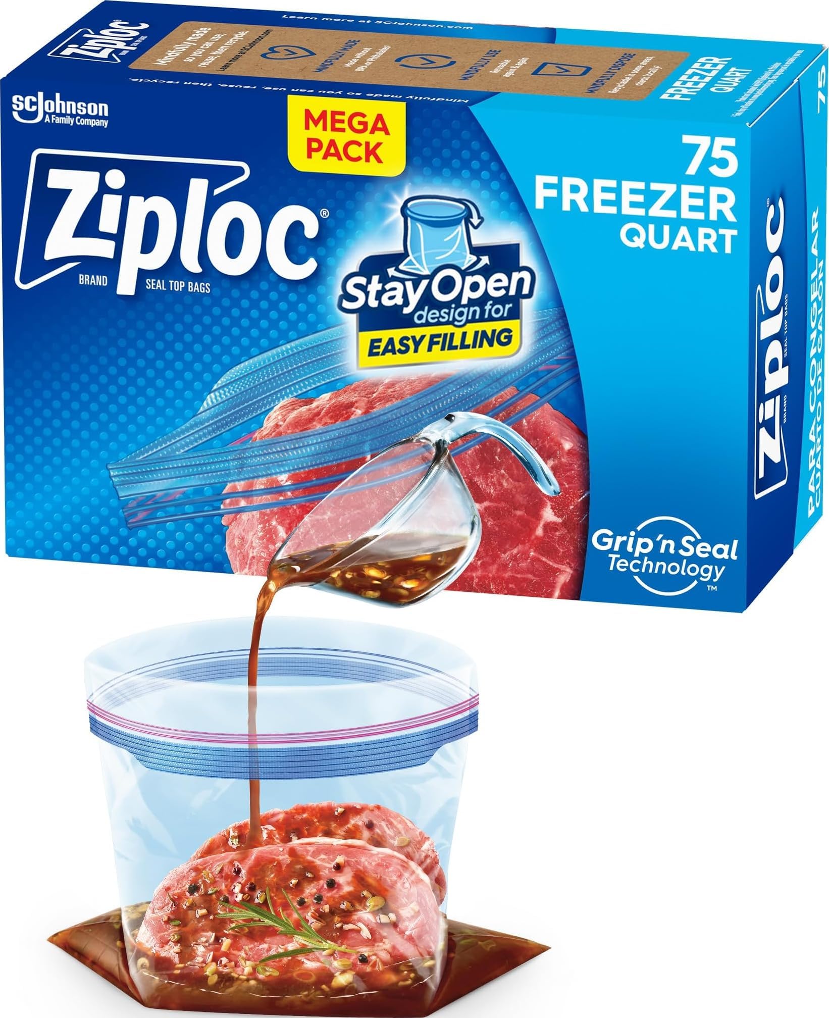Ziploc Quart Food Storage Freezer Bags, Stay Open Design with Stand-Up Bottom, Easy to Fill, 75 Count