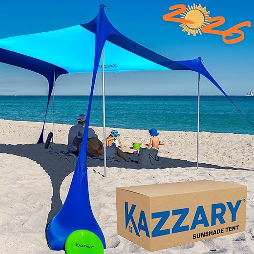 KAZZARY Beach Tent Sun Shelter, L 7ft Tall 7.5x7, UPF50+ Lightweight Outdoor Beach Shade Canopy. Easy Setup Beach Canopy Tent Sun Shade, 4 Stability Poles, Ground Pegs and Flying Disc Sand Shovel