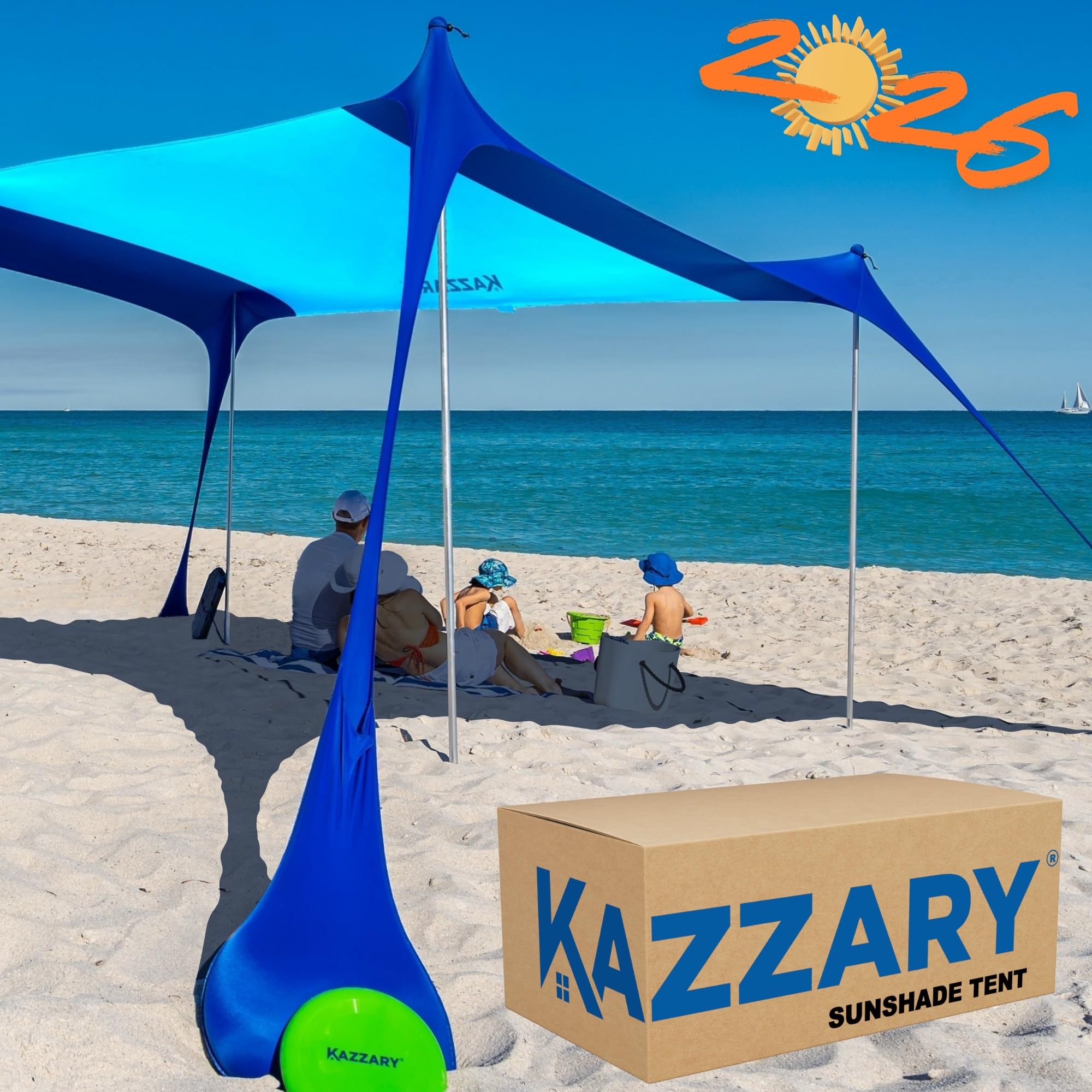 KAZZARY Beach Tent UPF50+ Sun Shade Canopy with Sandbags, 4 Stability Poles, Ground Pegs, Flying Disc Sand Shovel, Lightweight Sunshade Shelter, 7ft