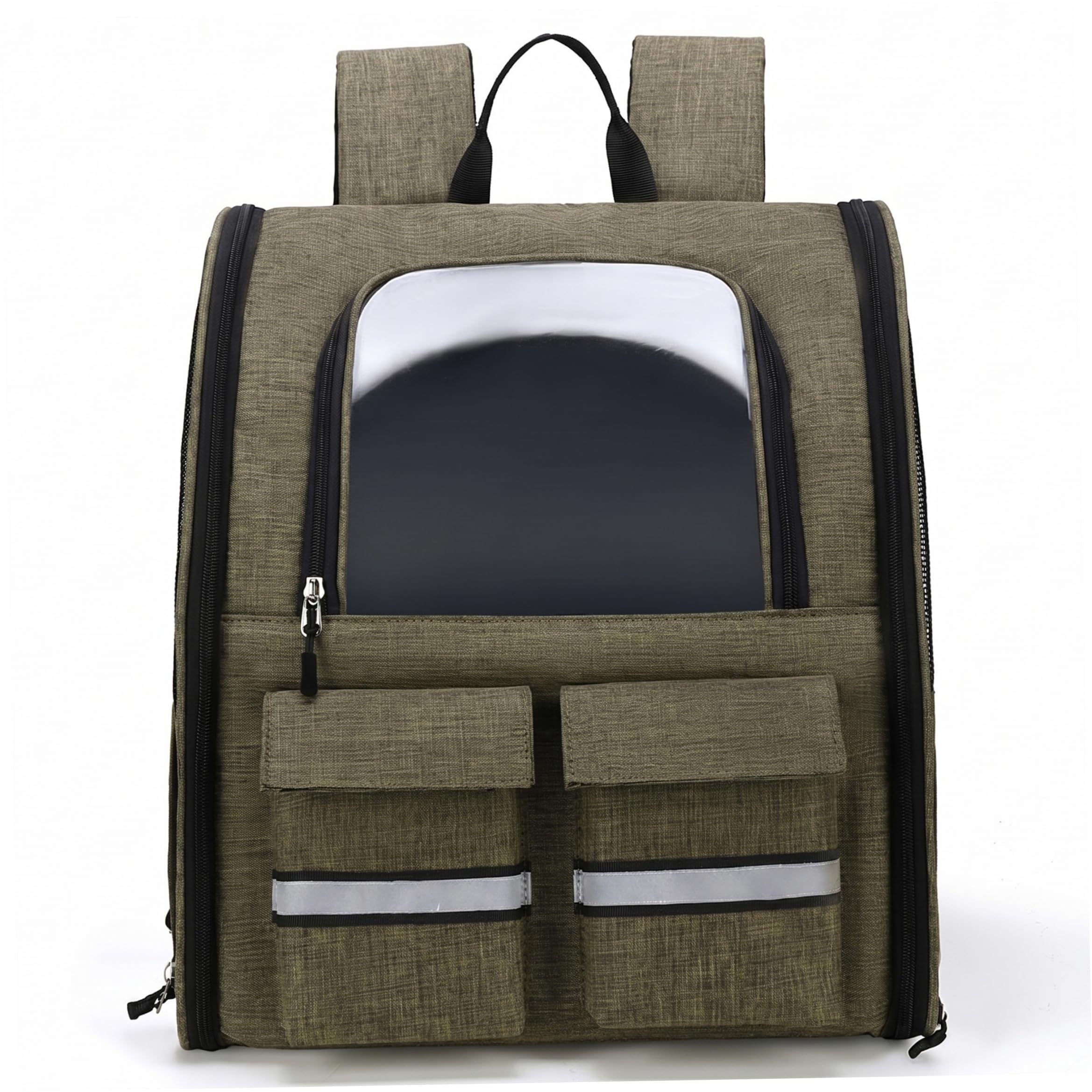 Sac à dos pour chat grand format kaki avec roue et fenêtre transparente respirante
