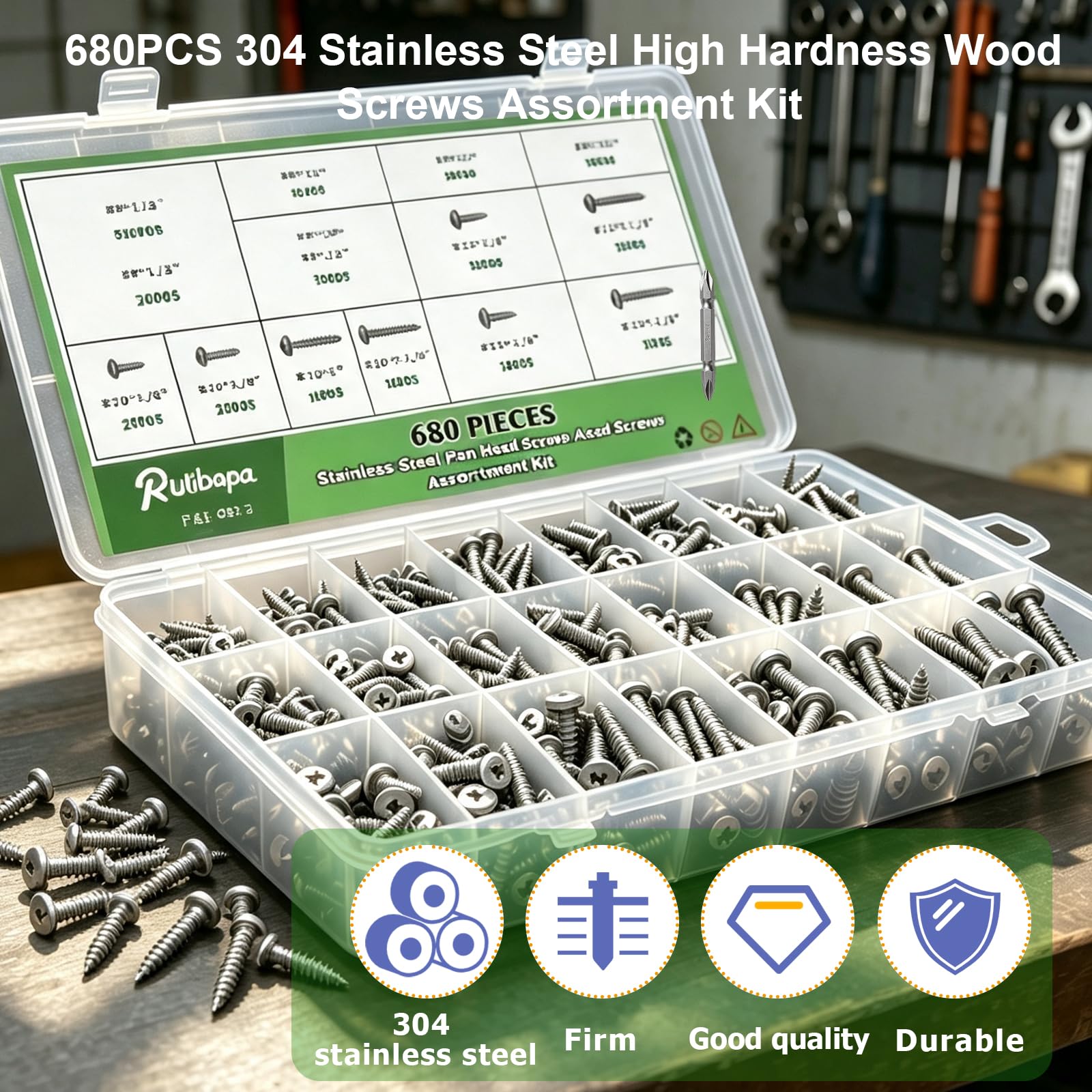 Kit surtido de 680 tornillos de madera, tornillos de cabeza plana de acero inoxidable 304, #4#6#8#10#12, tornillos de chapa de 0.25 a 1-0.5 pulgadas, juego de tornillos autorroscantes
