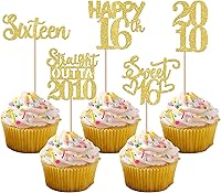 Vista 116 de 30 piezas de decoraciones para pastel de cumpleaños número 10, decoraciones de cupcakes negras con brillo, 10 feliz cumple, directo desde 2016, 10