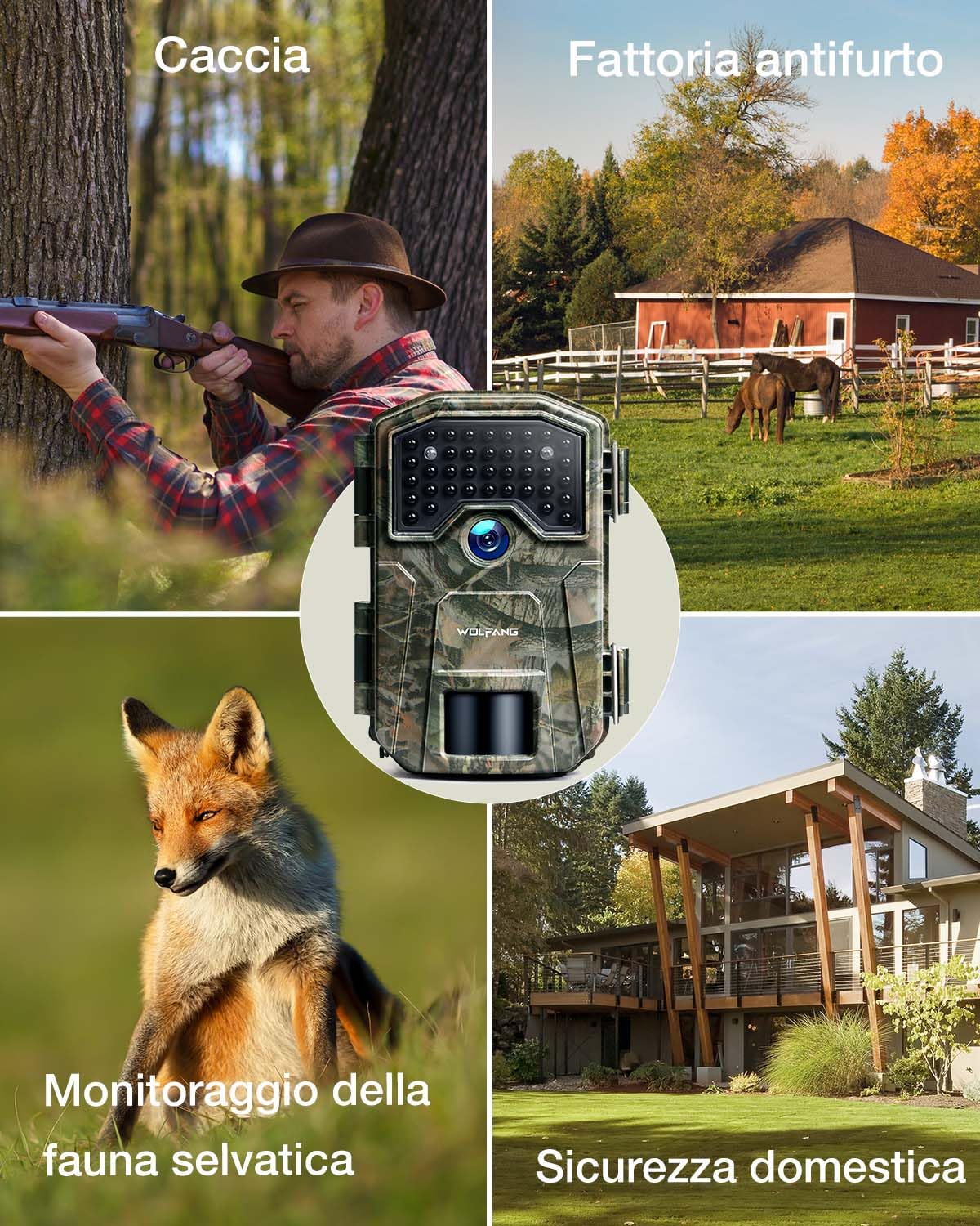 WOLFANG Fototrappola 4K 48MP HD, Fotocamera Caccia con 38 LED a Infrarossi Invisibili 940nm, Infrarossi Rilevatore di Movimento Visione Notturna IP66 Impermeabile per la l'osservazione la Fauna