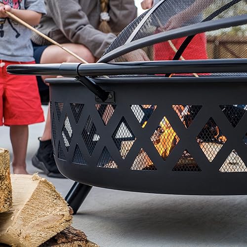 Miniatura 6 de SUNCREAT Hoguera de patio de 42 pulgadas con pantalla de malla para chispas, hoguera al aire libre con póker para chimenea, color negro