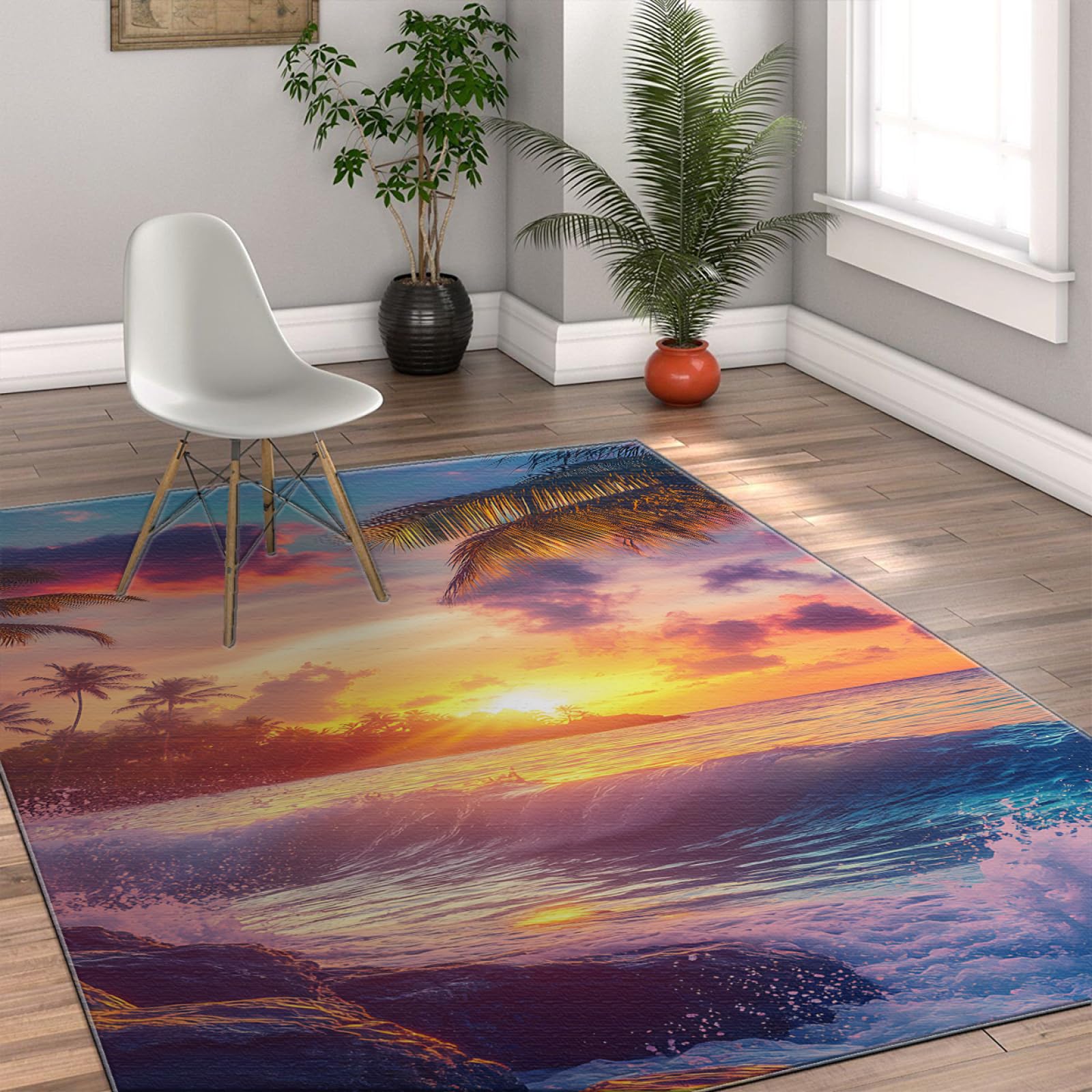Wschód słońca Dywaniki, zielone palmy, tropikalna wyspa, fale morskie, dywan do mieszkania, patio, niskie runo, wycieraczka pod drzwi, zmywalny, 120 x 180 cm