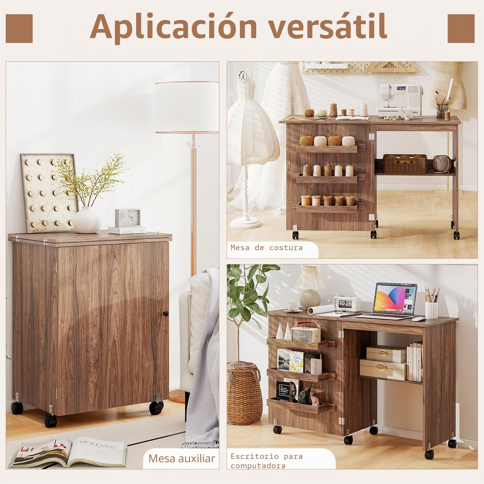 GIANTEX Armario de Costura Plegable con 5 Ruedas, Mesa de Coser con 3 Compartimentos y 1 Estante, Mueble para Máquina de Coser, Mesa Multifuncional para Manualidades, Ordenador (Marrón)