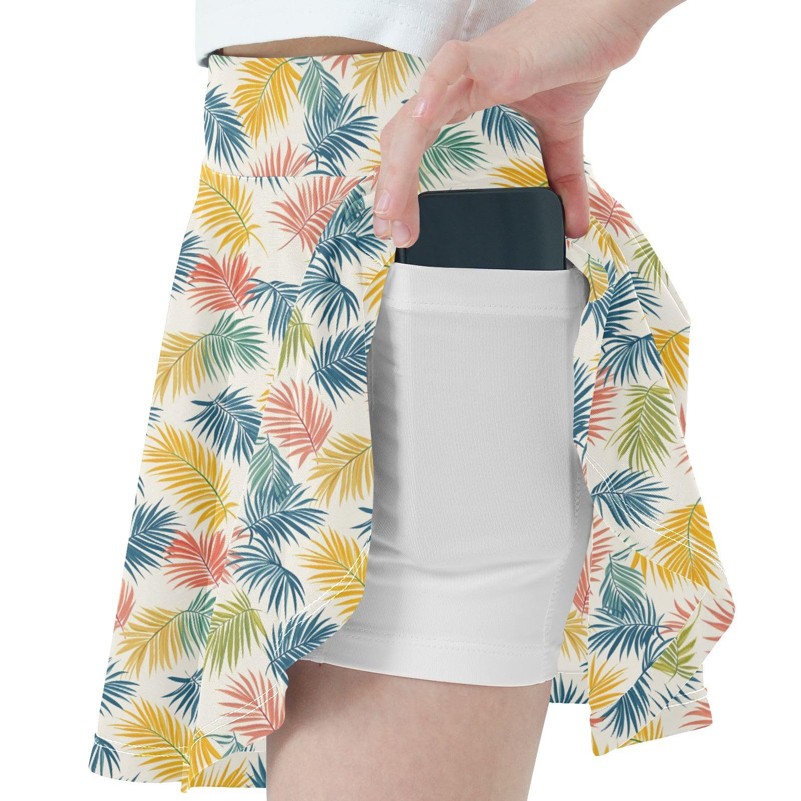 Tropical Palms Beige Little Girls Tennis Skirt with Built-in Shorts Cheerleading Skirts with Pockets Flowy Little Girl Active Skort