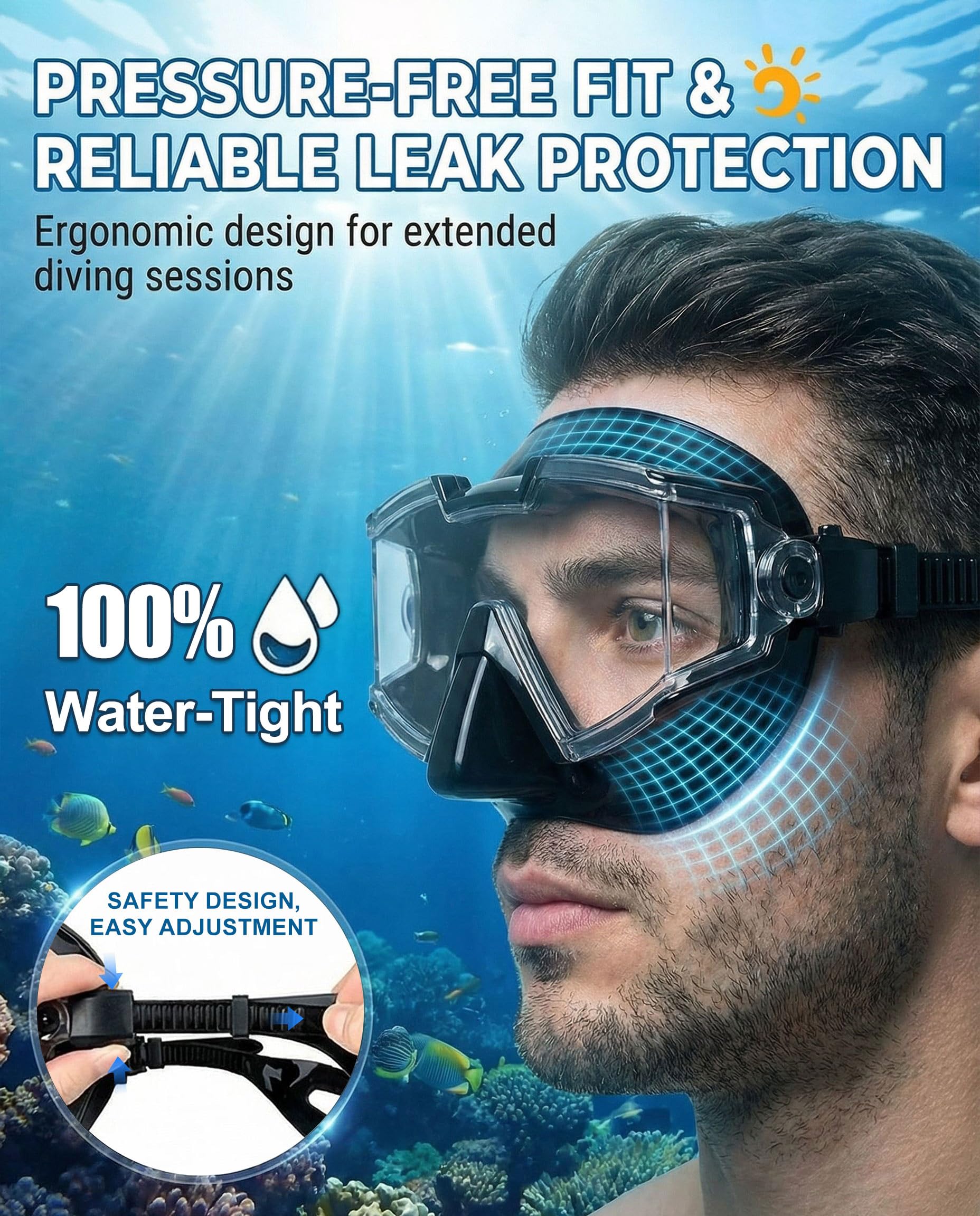 Juego de esnórquel para adultos, máscara de esnórquel con esnórquel seco, panorámica de 180°, antivaho y antifugas, máscara de buceo para natación, buceo libre, artículos esenciales de playa y
