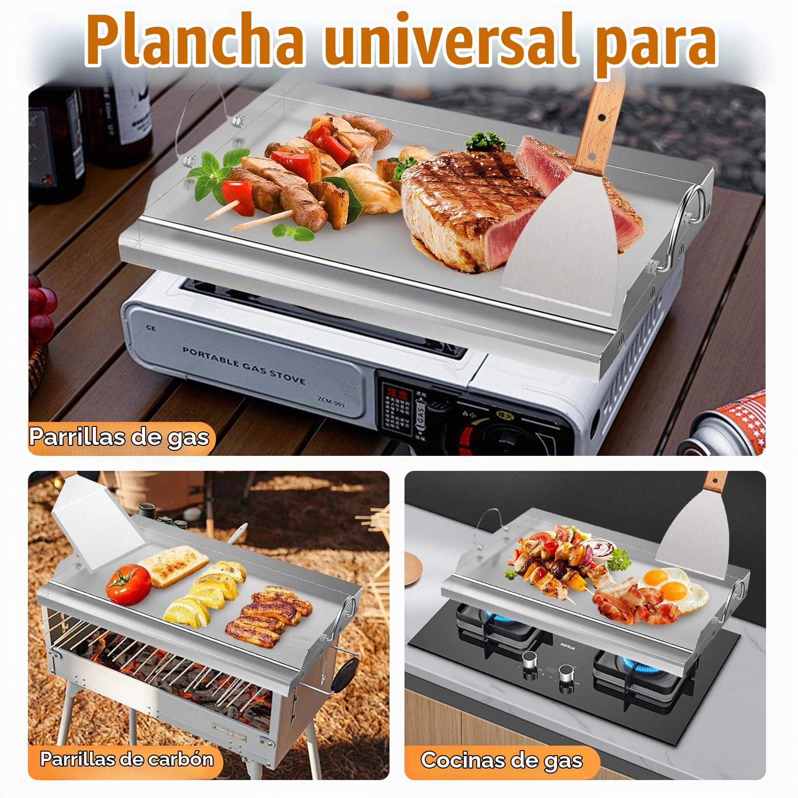 Plancha - Juego de planchas de 58 x 40 cm, con espátula para parrilla y raspador para parrilla, barbacoa de acero inoxidable con protección contra quemaduras y espátula para parrilla con mango de