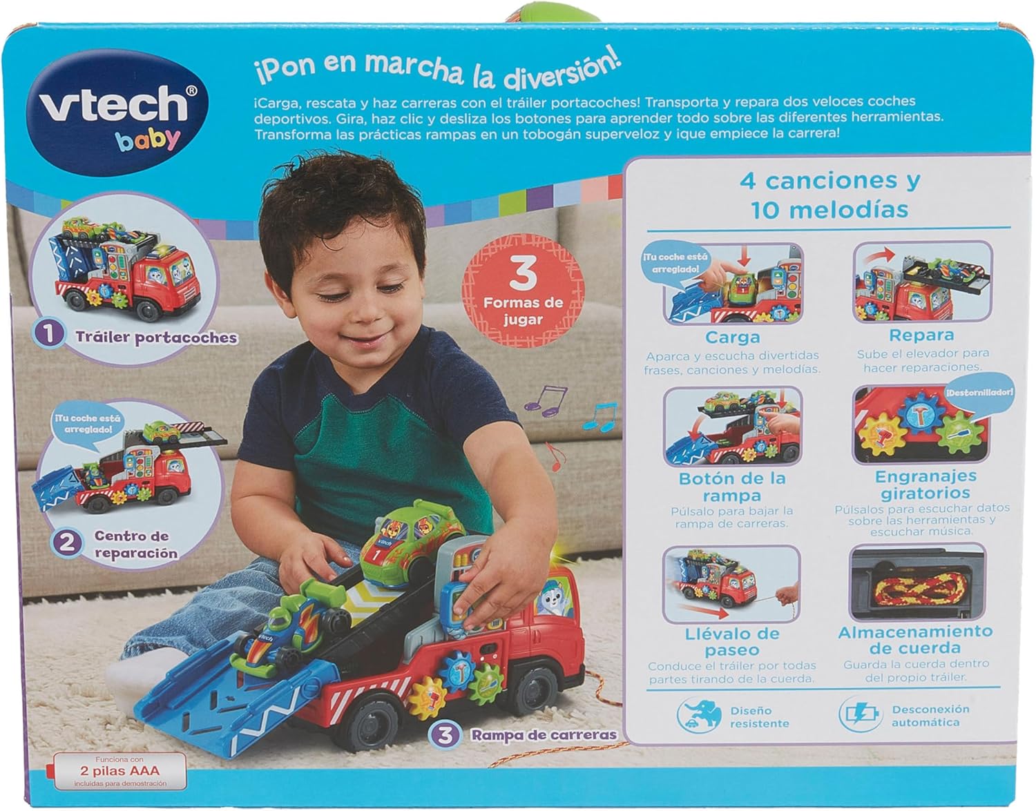 VTech -Baby Trailer for Car Load and Download, Drag Toy, 2 Play Modes, Interactive Buttons, Toy for Children +12 Months, Spanish Version