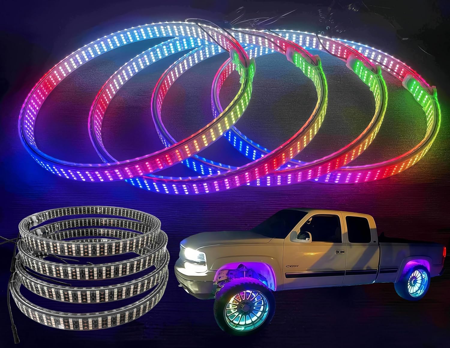 8Rolls 15.5" Double-Sides Quad Row RGB Dream Color Chasing LED Wheel Lights for Truck, Bluetooth + Remote | for Car