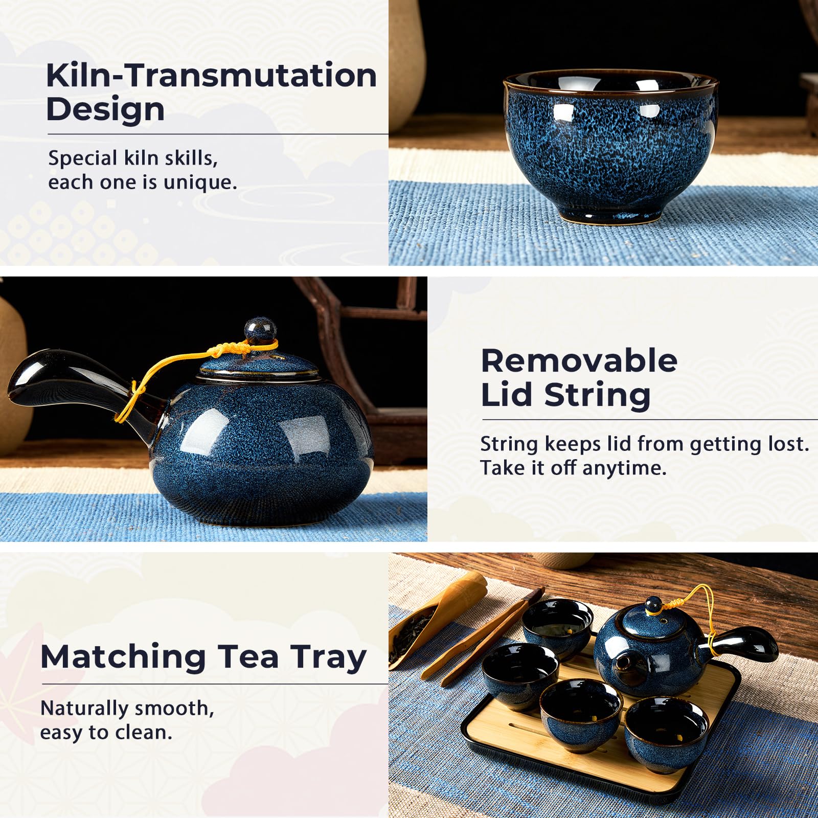 DUJUST Chinesische Gongfu-Teeset, glasierte Porzellan-Set mit 1 Teekanne, 4 Tassen & 1 Teetablett, tragbar mit Tasche für Reisen, Geschenke & Outdoor, dunkelblau