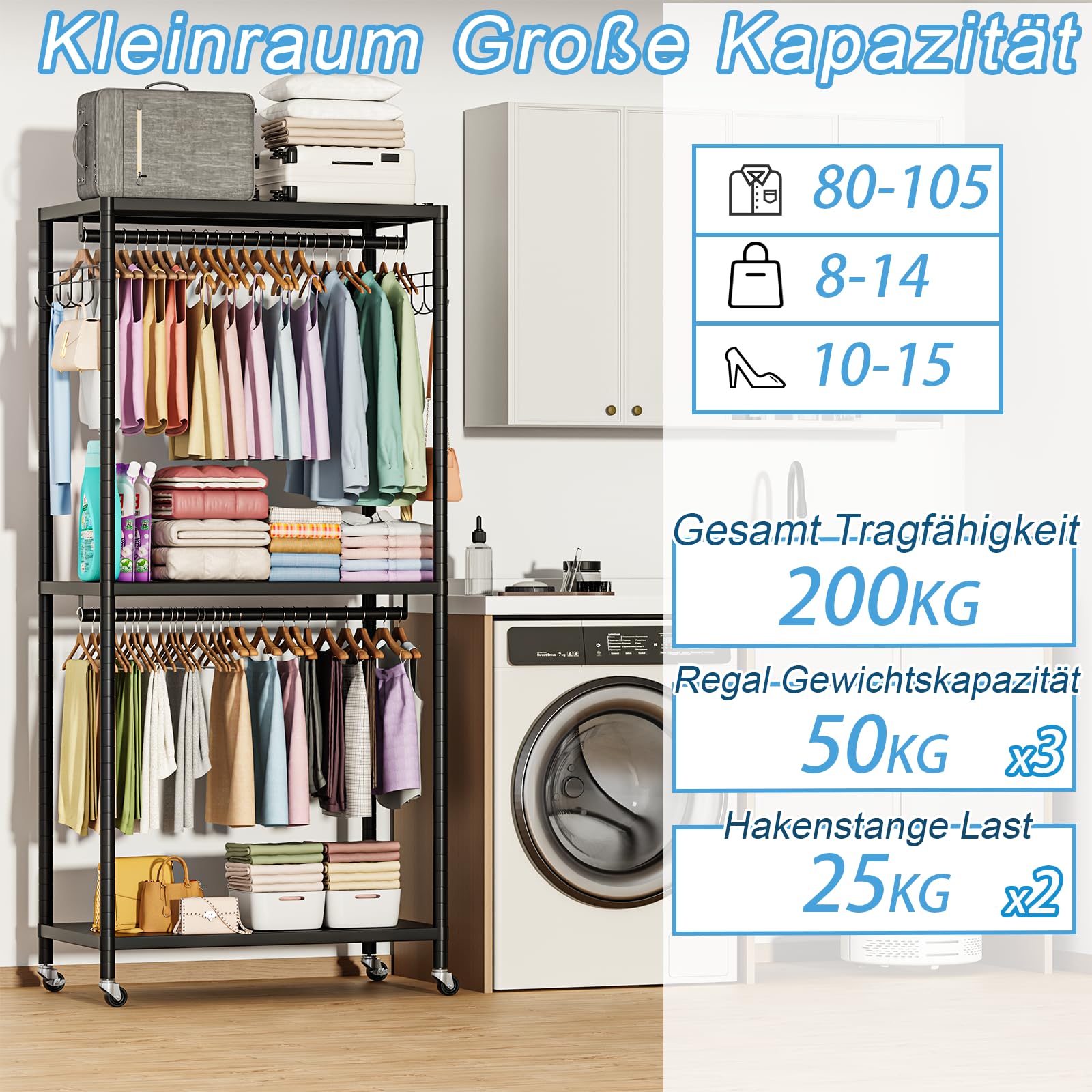 AQRA Offener Kleiderschrank, Fahrbarer Schwerlast Kleiderständer aus Metall | Auf Rollen, Tragkraft 200kg, 2 Kleiderstangen, 3 Ablagen, 2 Haken, Maße 90×40×200cm