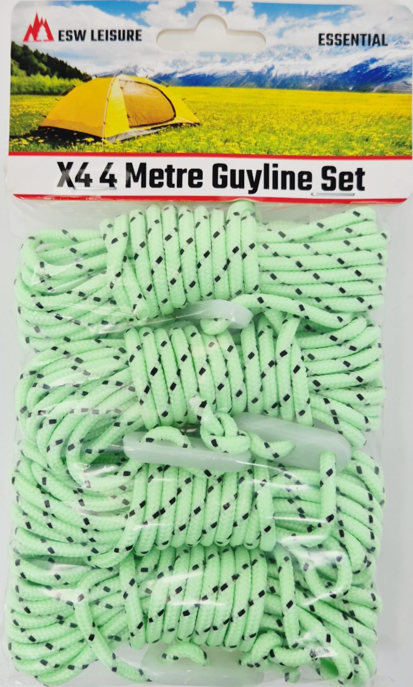 Esw Leisure Glow In The Dark 4 Guyline Ropes 4 Pack For Tents Awning Camping Strong Lightweight Paracord Guy Rope With Tensioner Guy Lines Fishing Umbrella Caravan Gazebo (Glow In The Dark, 4 Metre Xl 4 Pack)