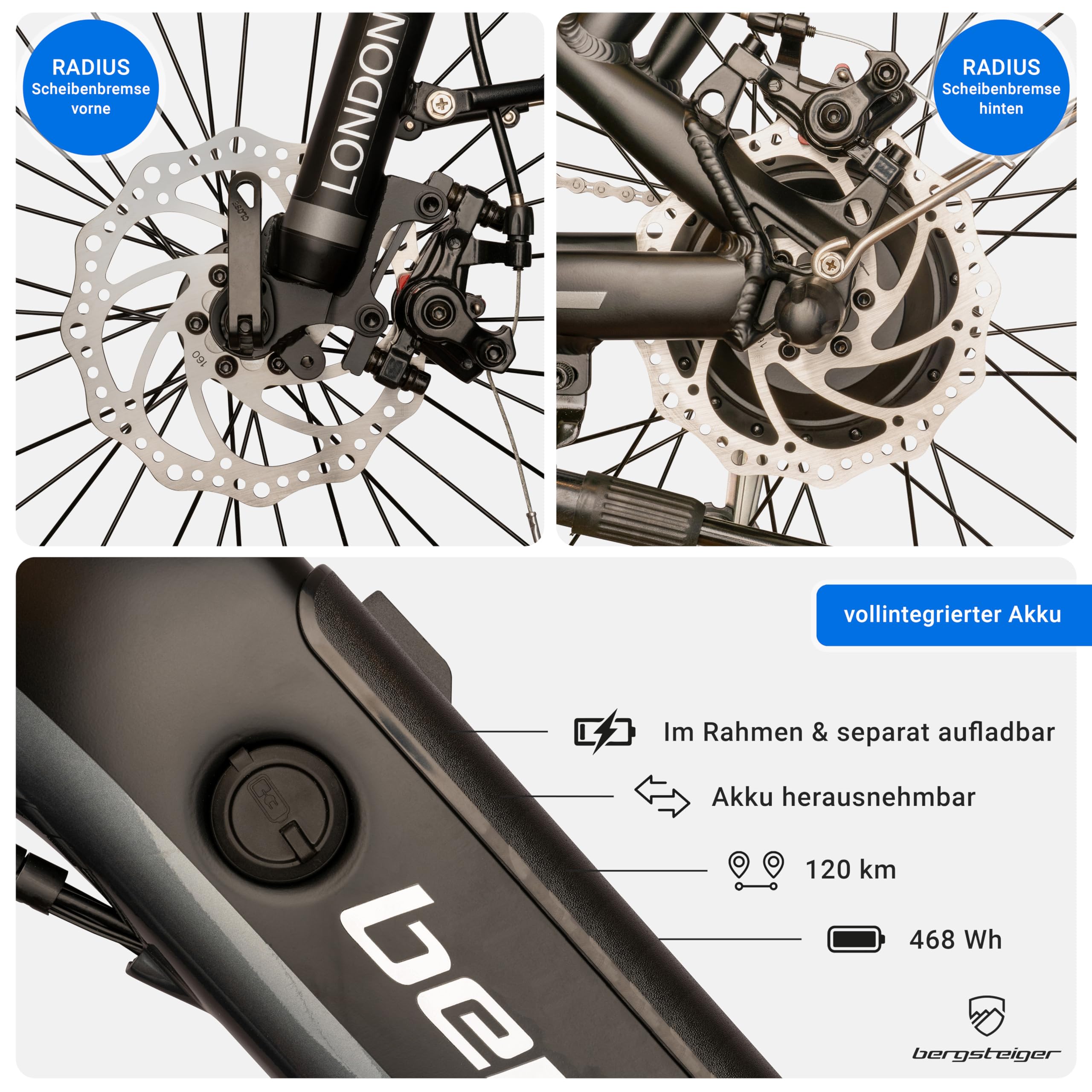 Bergsteiger London 20 Zoll E-Bike Klapprad Faltrad mit Farbdisplay | Starker 250 Watt Motor, 7 Gänge und Scheibenbremsen. Vollintegrierter 468 Wh Akku aus leichtem Alu für Damen & Herren.