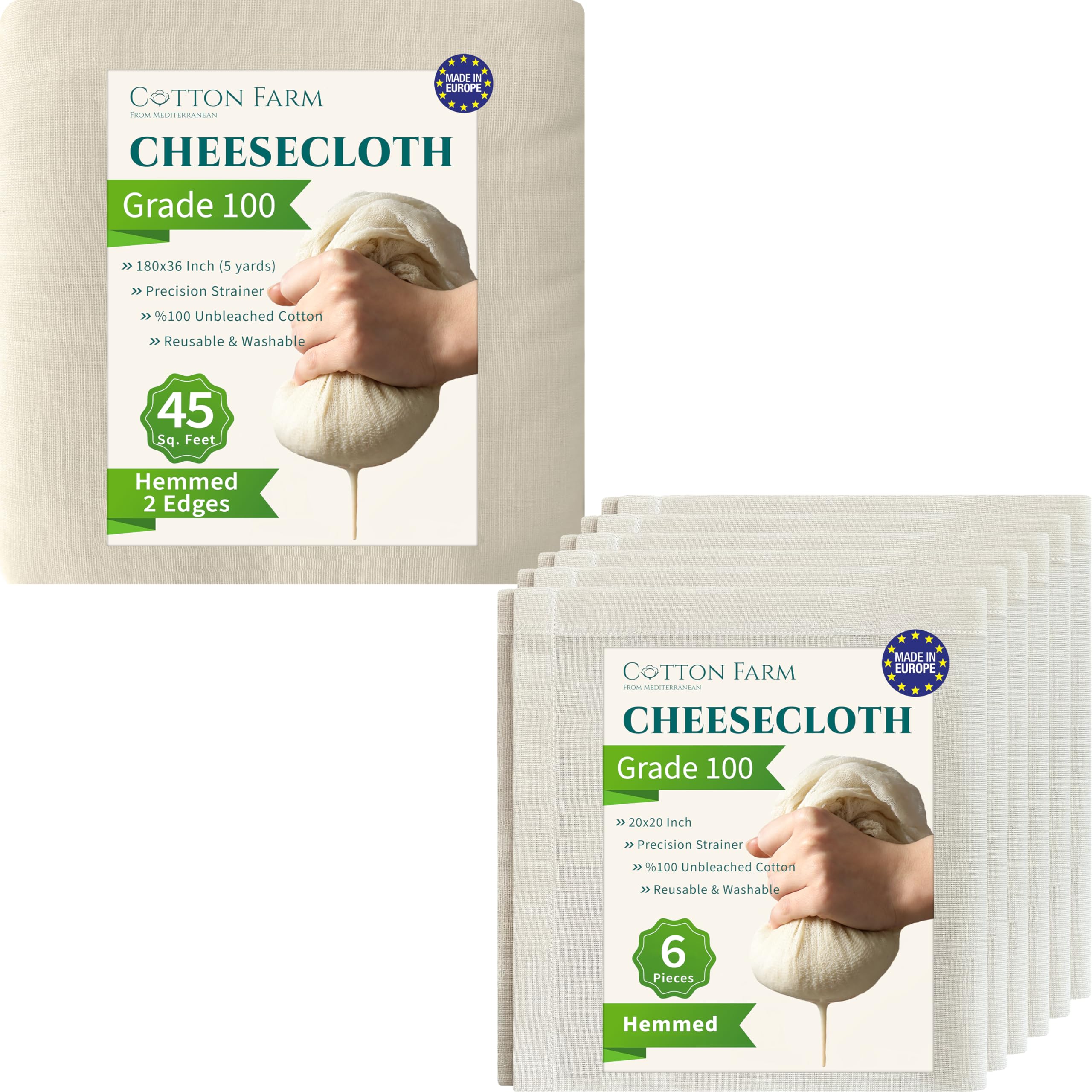 Cotton Farm - Grade 100 Premium Quality Cheesecloth, 5 Sq. Yard Hemmed 2 Edges Bundle with 20x20 Inch (6 Pieces) Hemmed 4 Edges,%100 Mediterranean Cotton,
