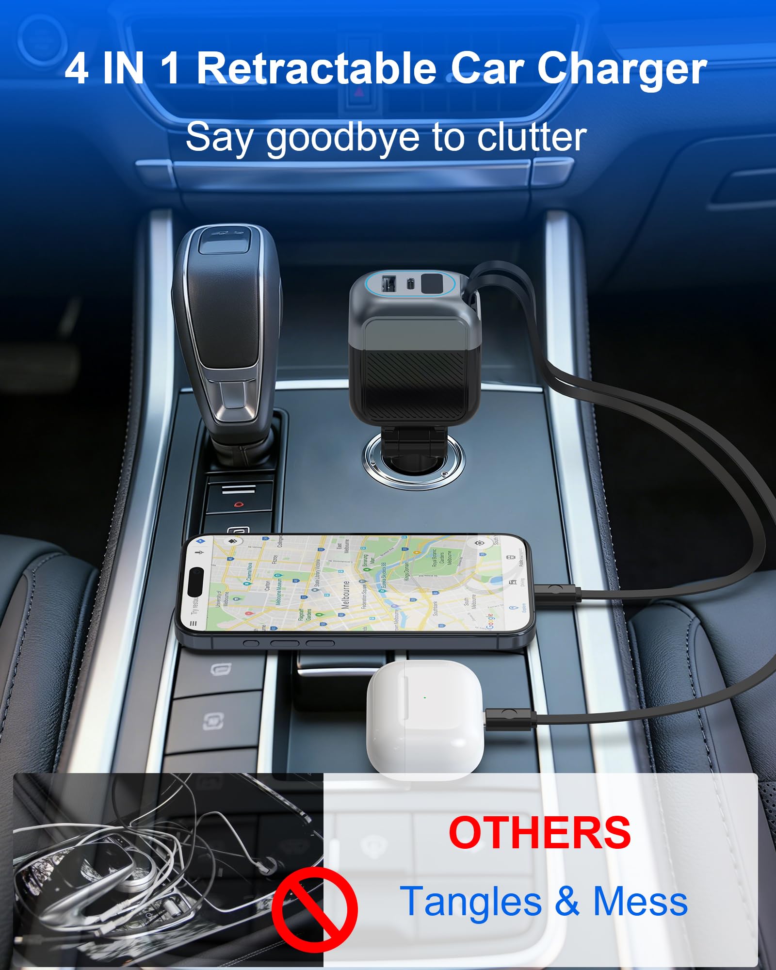 87W Retractable Car Charger, 4-in-1 Fast USB C Charging Car Adapter with 45W Type C Cable for iPhone 17/16 Pro Max & Samsung, 12W Lightning Cable for iPhone 14, Travel Essentials Car Accessories - 5